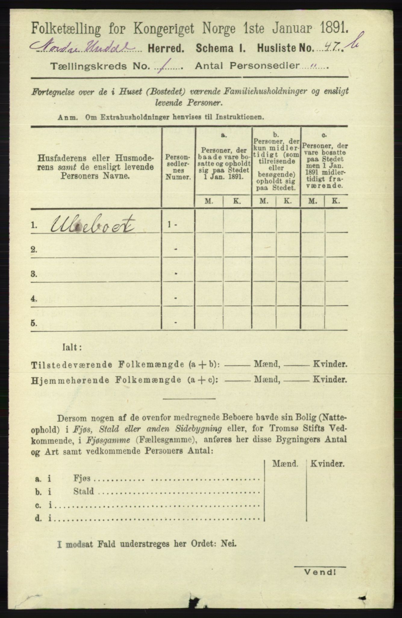 RA, 1891 census for 1028 Nord-Audnedal, 1891, p. 70