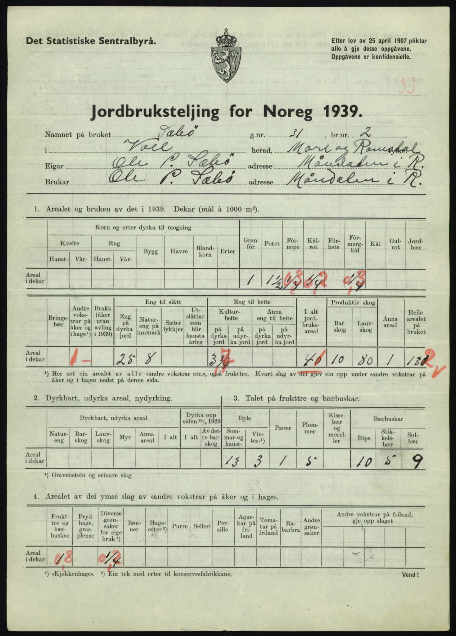 Statistisk sentralbyrå, Næringsøkonomiske emner, Jordbruk, skogbruk, jakt, fiske og fangst, AV/RA-S-2234/G/Gb/L0251: Møre og Romsdal: Voll, Eid, Grytten og Hen, 1939, p. 161