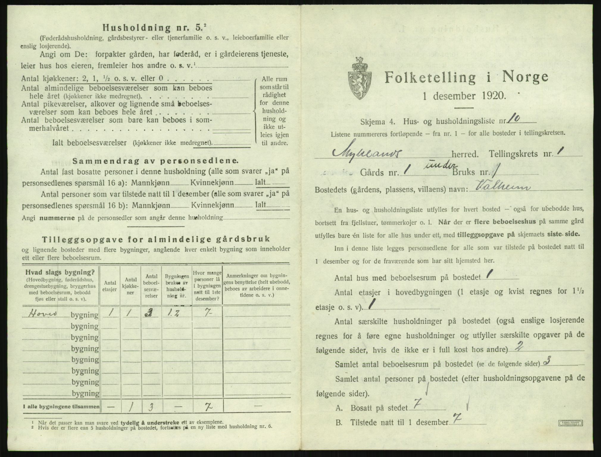 SAK, 1920 census for Mykland, 1920, p. 44