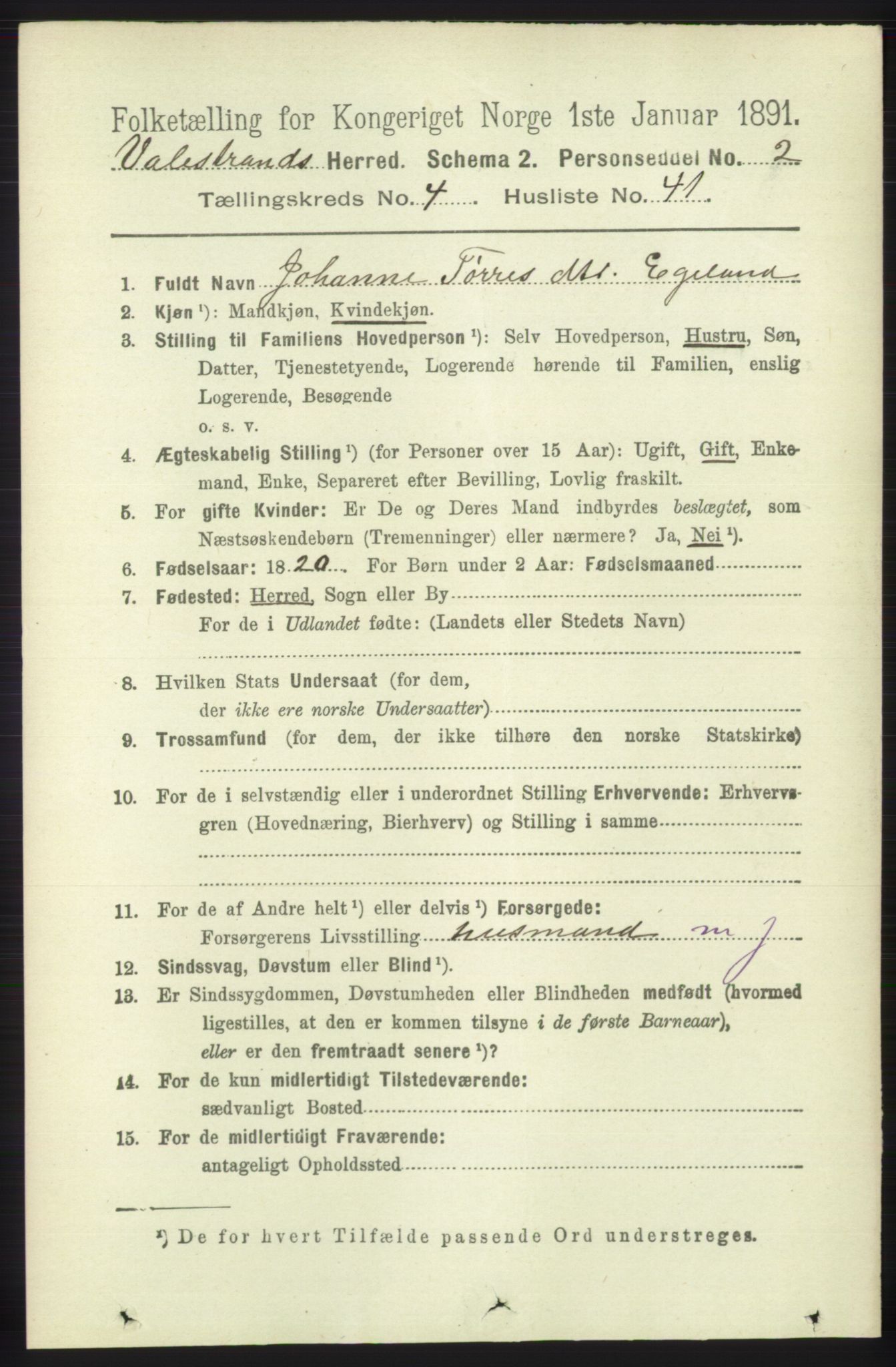 RA, 1891 census for 1217 Valestrand, 1891, p. 1085