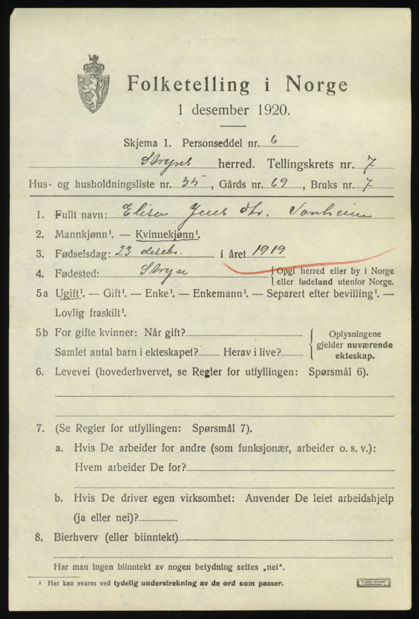 SAB, 1920 census for Stryn, 1920, p. 3702