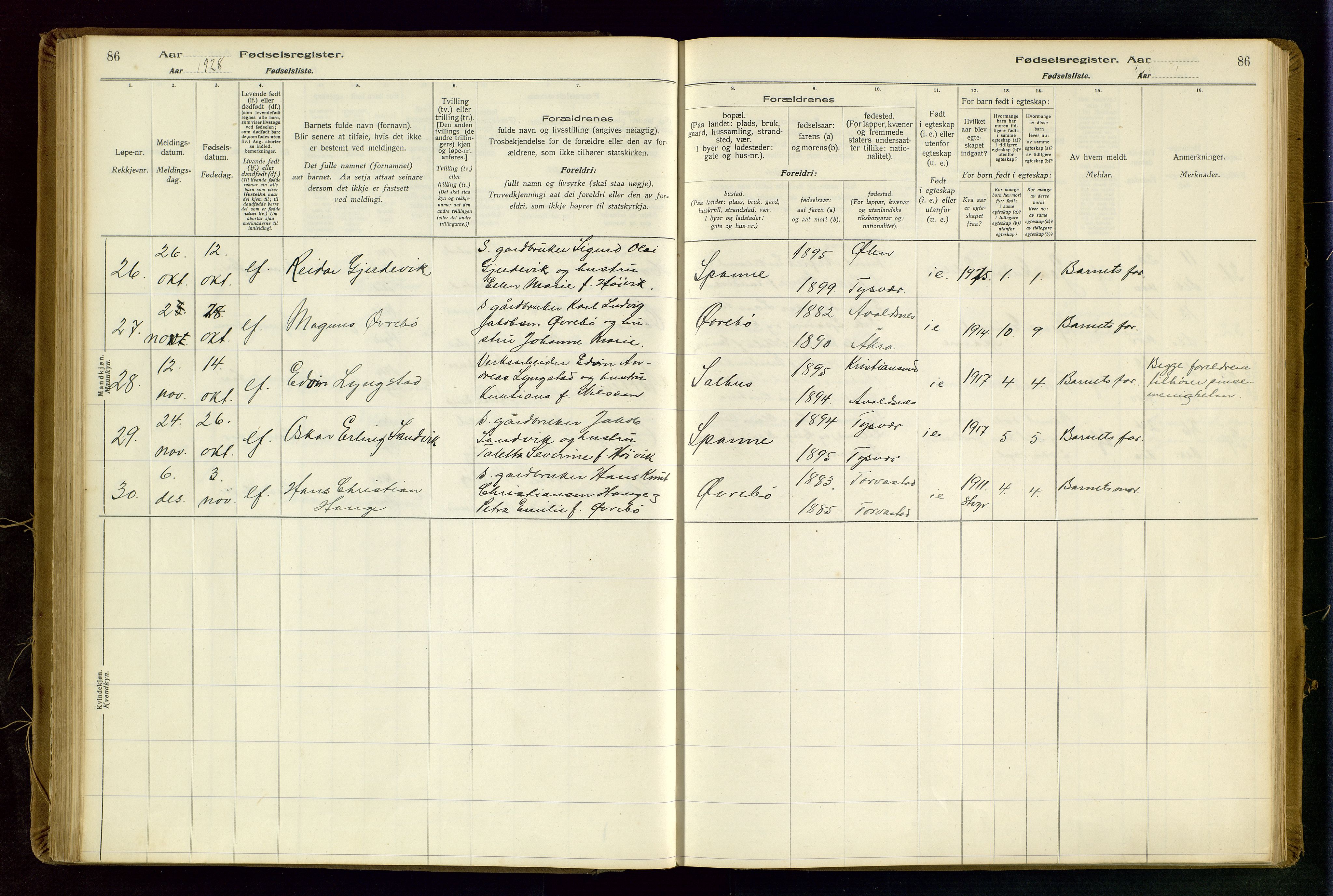 Torvastad sokneprestkontor, AV/SAST-A -101857/I/Id/L0002: Birth register no. 2, 1916-1950, p. 86