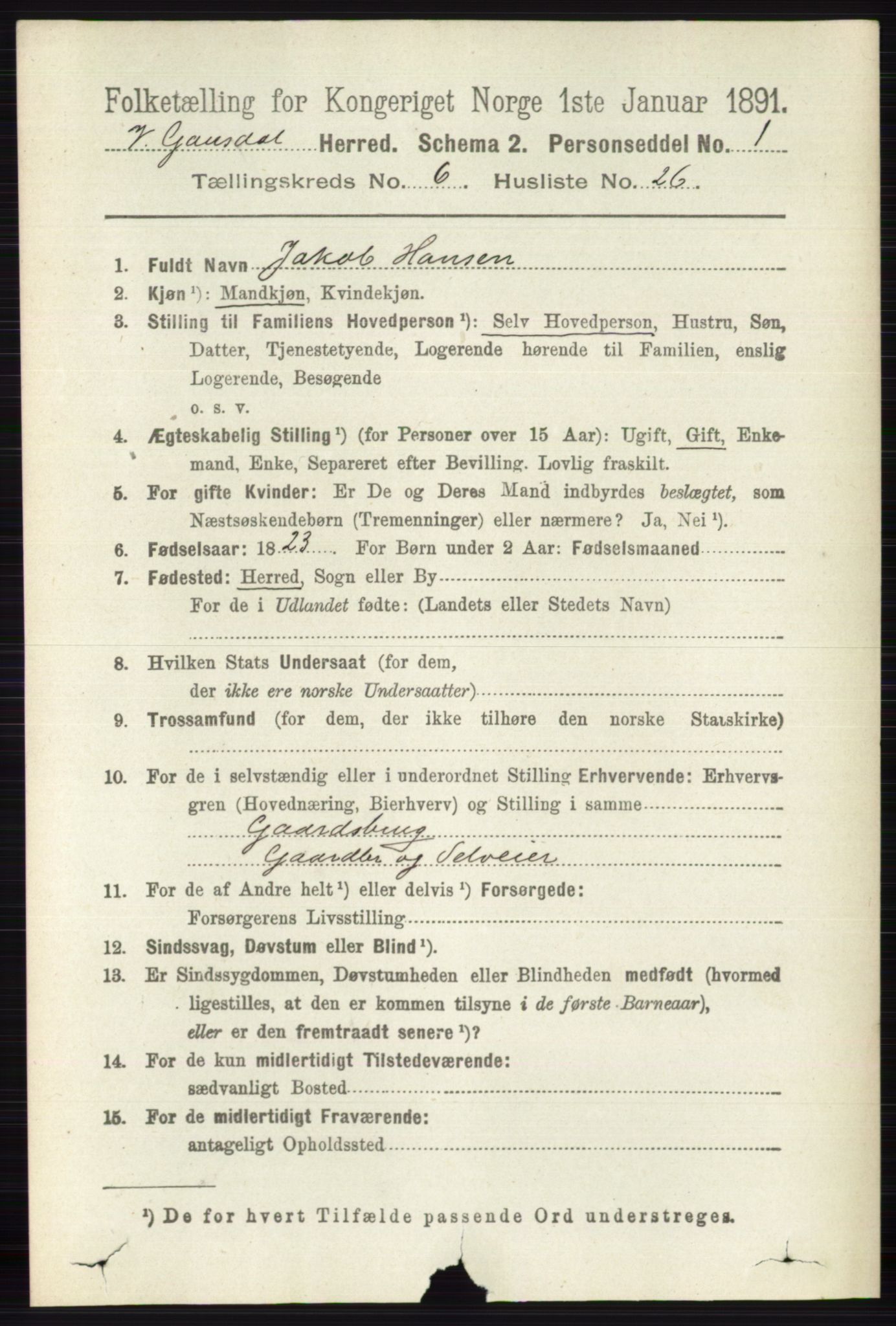RA, 1891 census for 0523 Vestre Gausdal, 1891, p. 2707