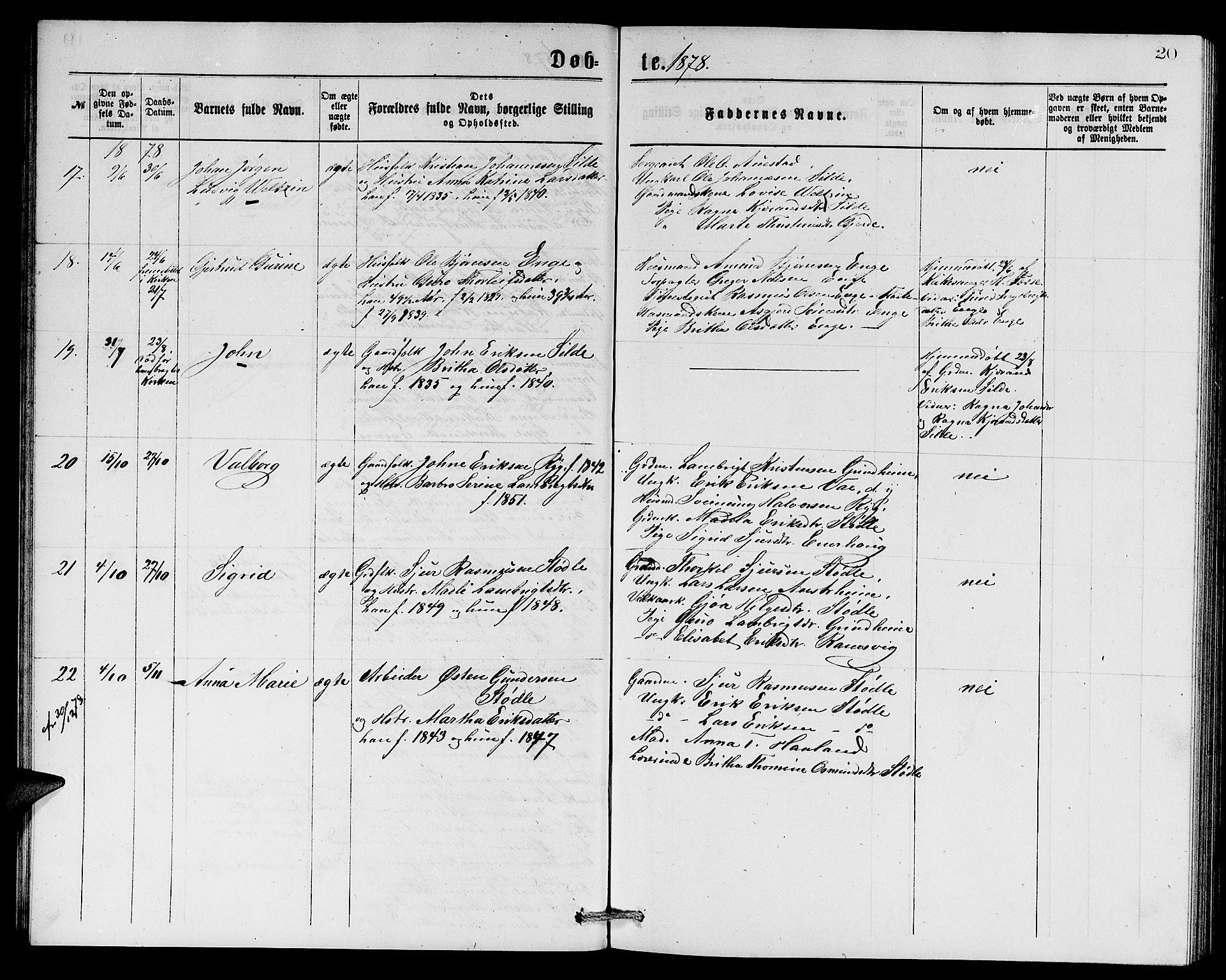 Etne sokneprestembete, SAB/A-75001/H/Hab: Parish register (copy) no. A 4, 1874-1878, p. 20