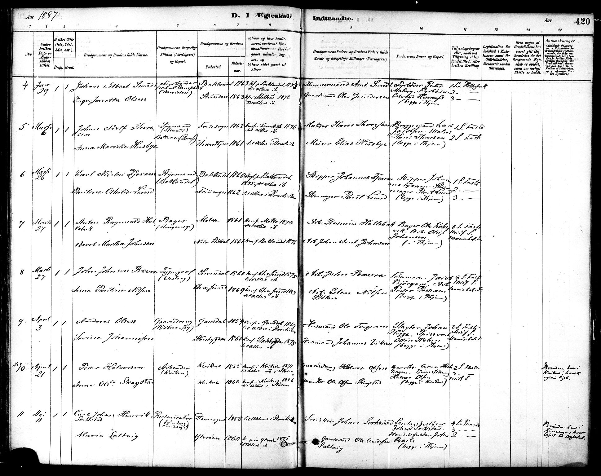 Ministerialprotokoller, klokkerbøker og fødselsregistre - Sør-Trøndelag, SAT/A-1456/601/L0058: Parish register (official) no. 601A26, 1877-1891, p. 420