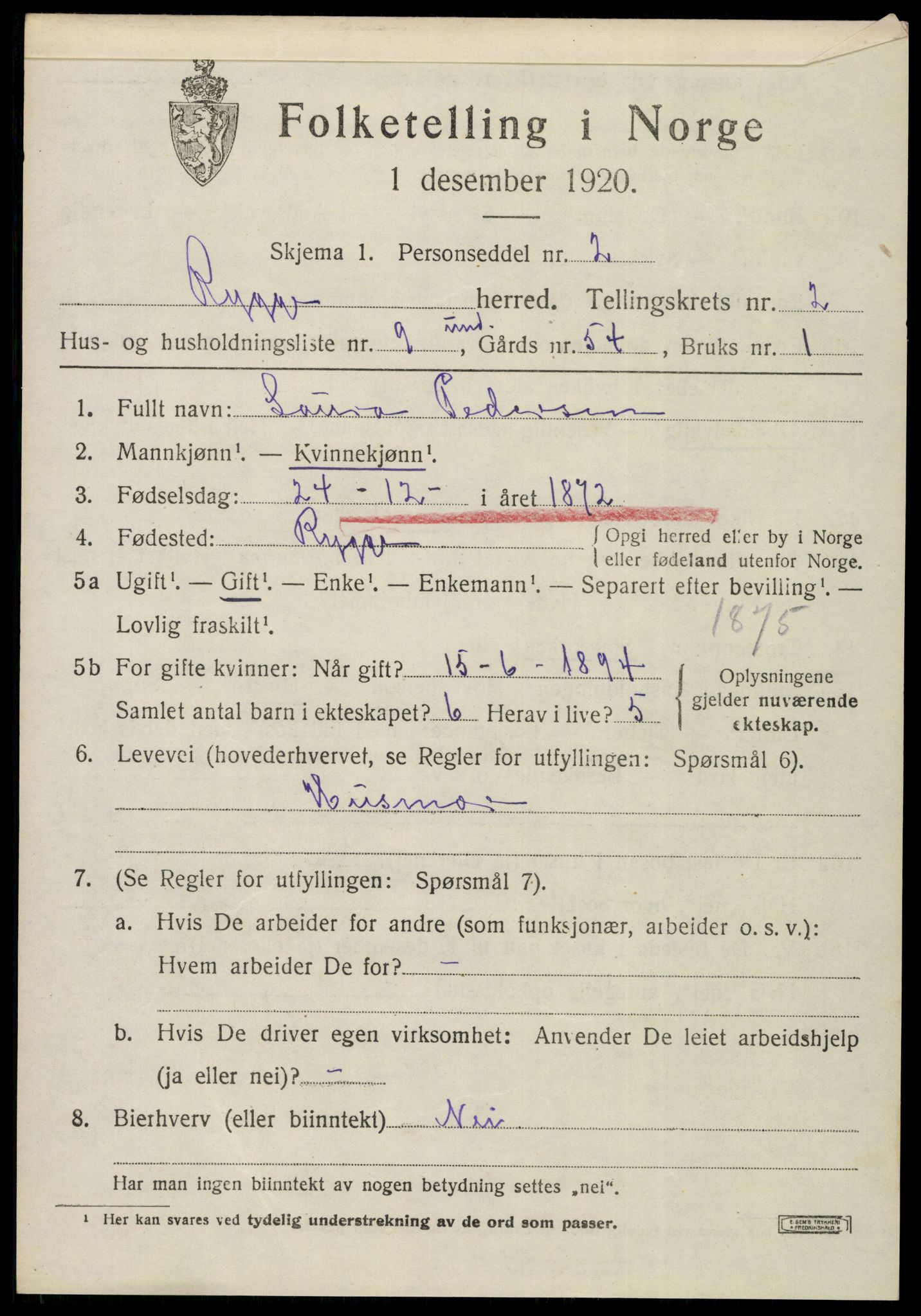 SAO, 1920 census for Rygge, 1920, p. 6211