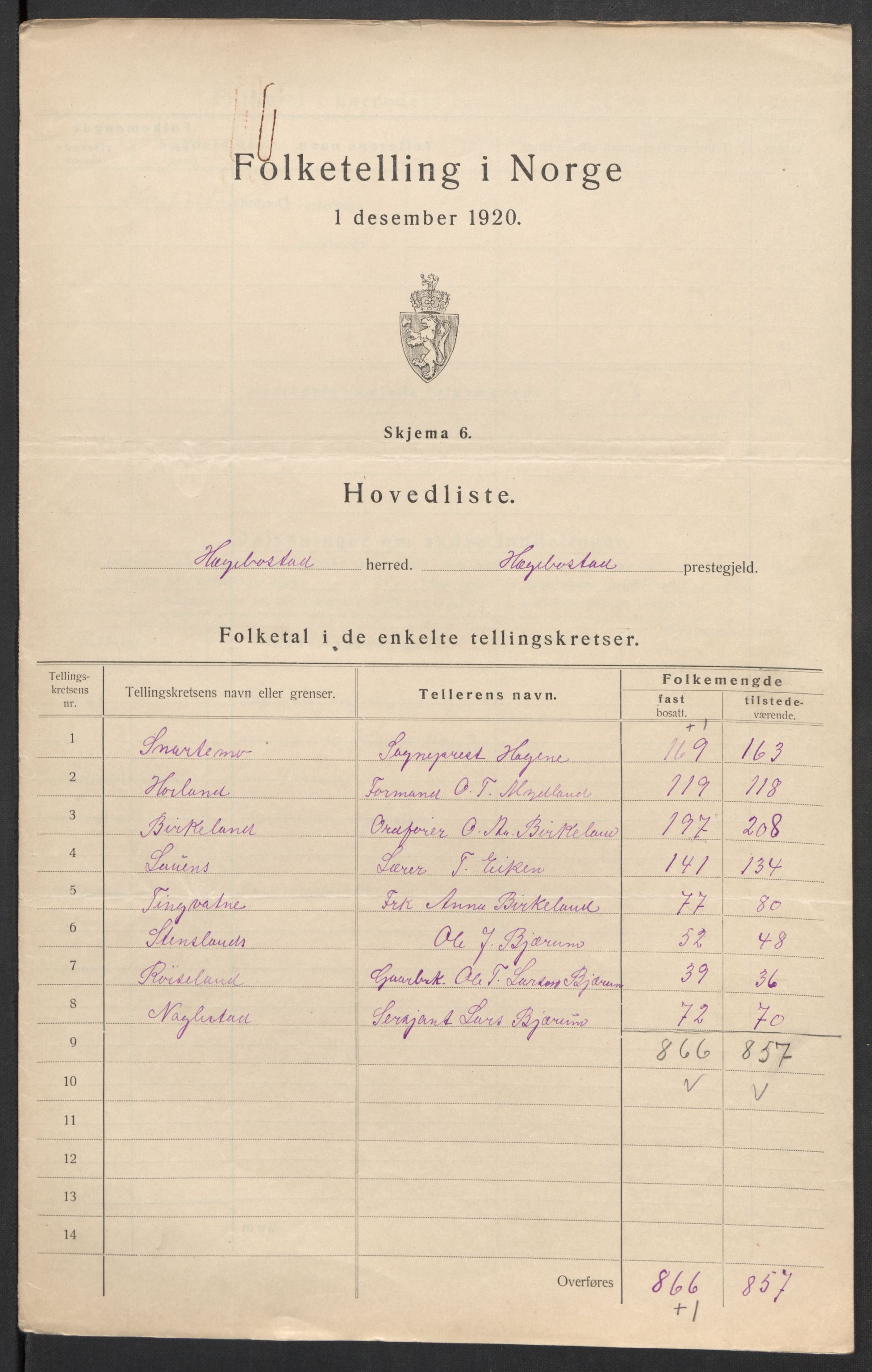 SAK, 1920 census for Hægebostad, 1920, p. 8