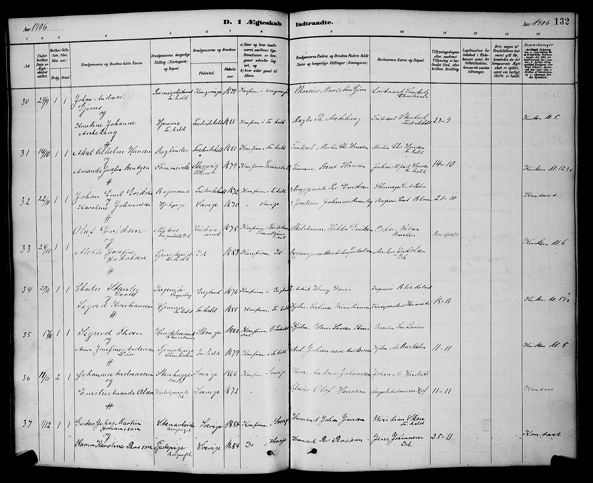 Halden prestekontor Kirkebøker, AV/SAO-A-10909/G/Ga/L0009: Parish register (copy) no. 9, 1885-1908, p. 132