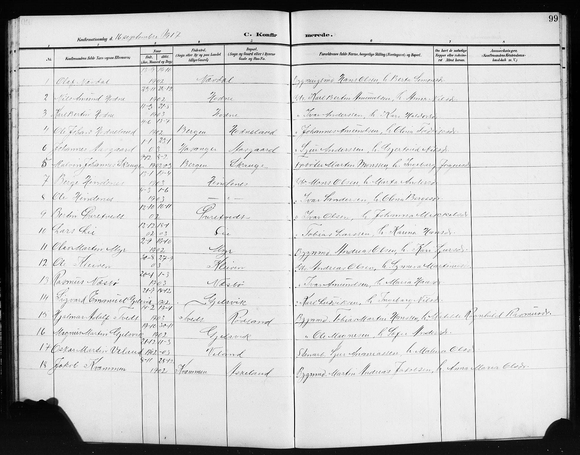 Lindås Sokneprestembete, AV/SAB-A-76701/H/Hab/Habe/L0004: Parish register (copy) no. E 4, 1906-1921, p. 99