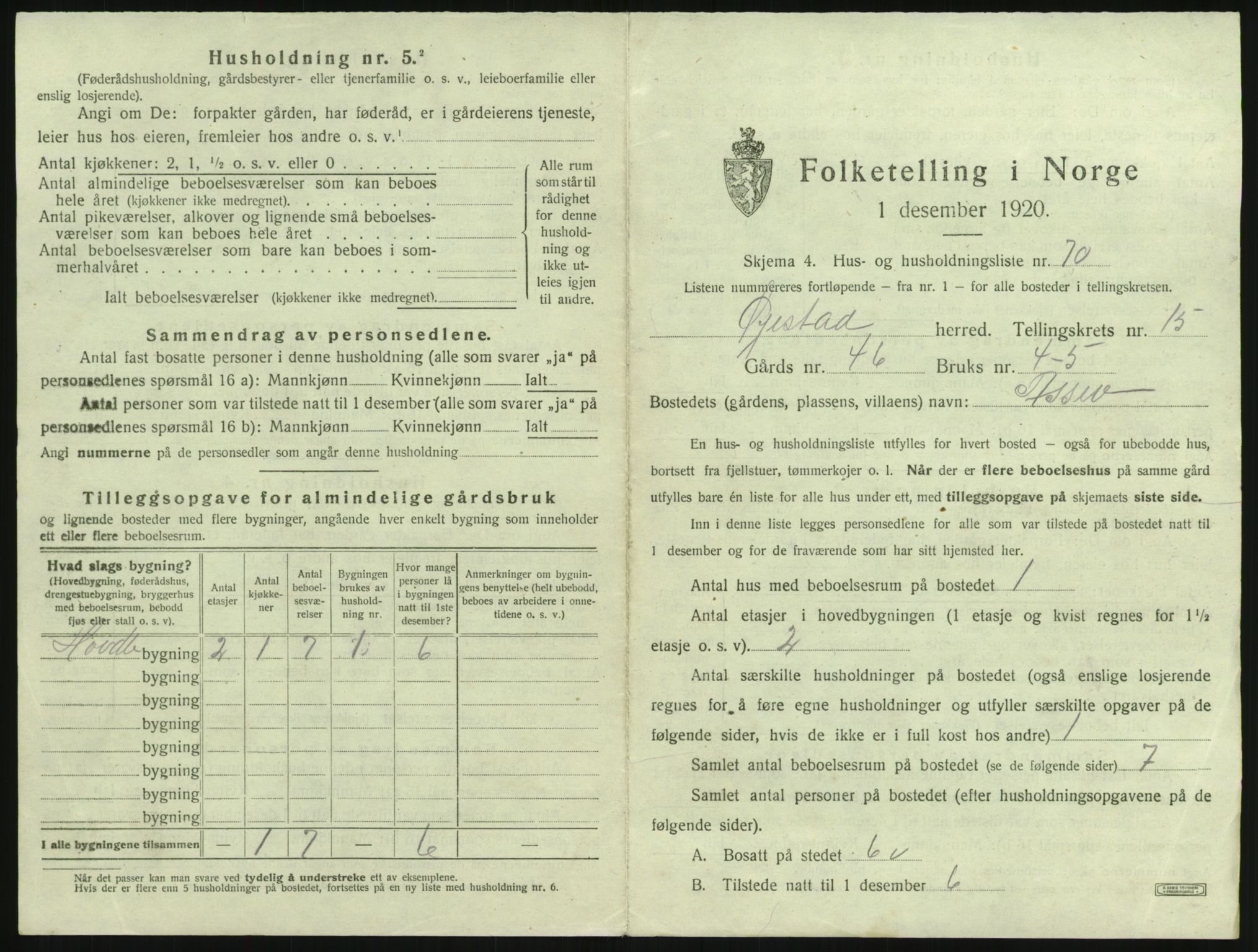 SAK, 1920 census for Øyestad, 1920, p. 1854