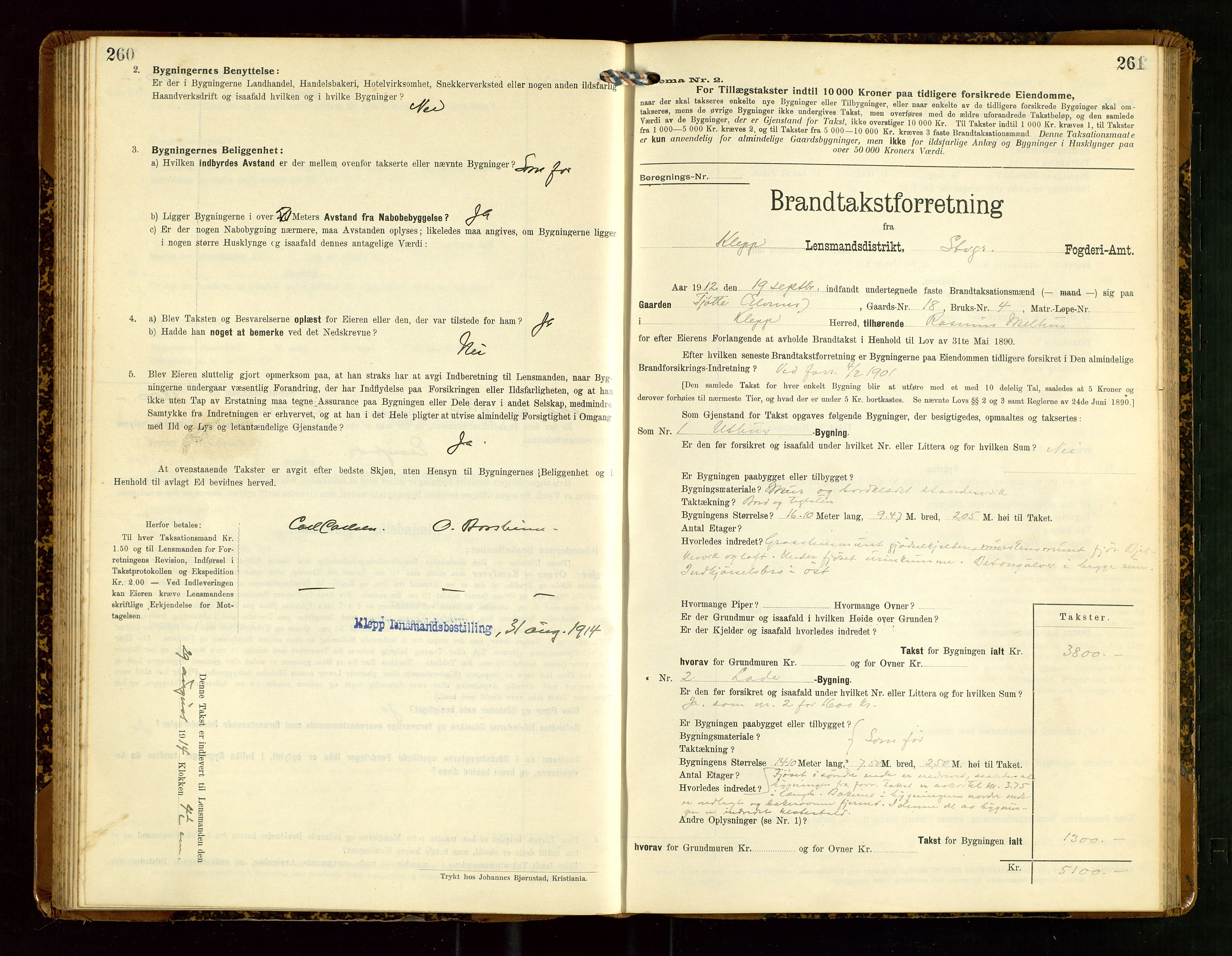 Klepp lensmannskontor, SAST/A-100163/Goc/L0007: "Brandtaxationsprotokol" m/register, 1911-1915, p. 260-261