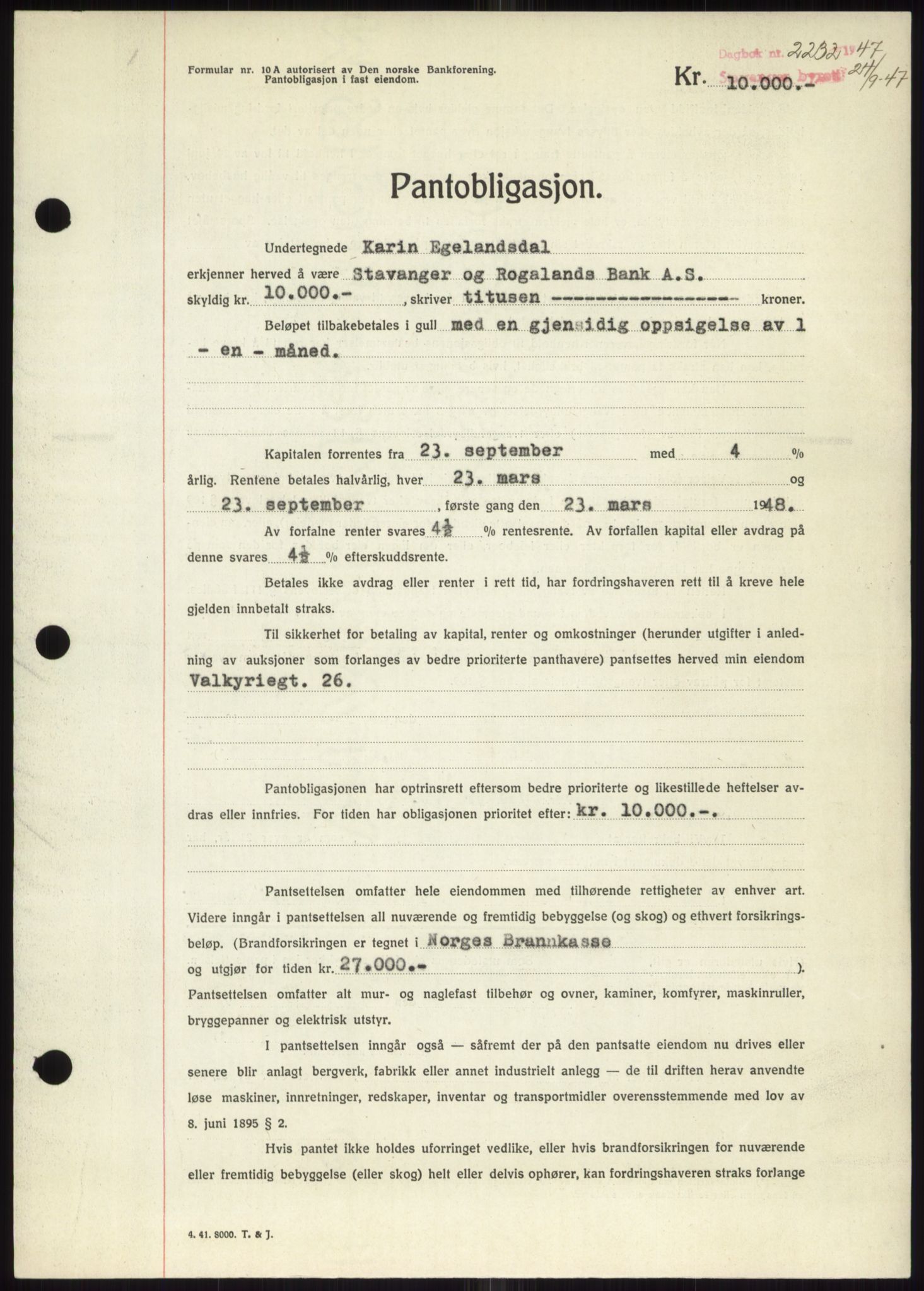 Stavanger byrett, SAST/A-100455/002/G/Gb/L0032: Mortgage book, 1947-1950, Diary no: : 2232/1947