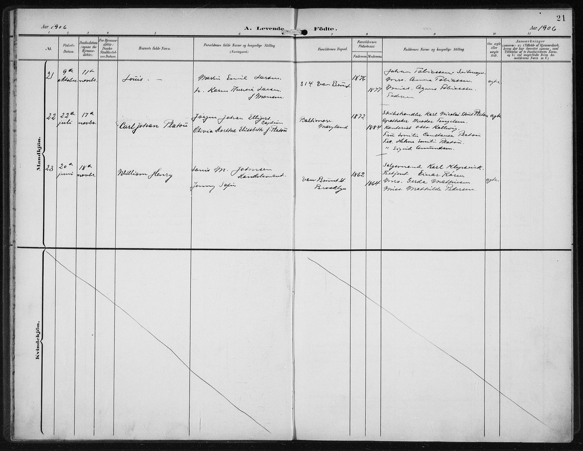 Den norske sjømannsmisjon i utlandet/New York, SAB/SAB/PA-0110/H/Ha/L0005: Parish register (official) no. A 5, 1902-1908, p. 21