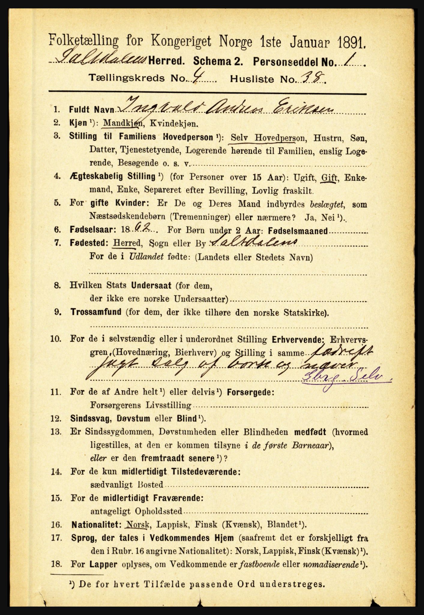 RA, 1891 census for 1840 Saltdal, 1891, p. 2582