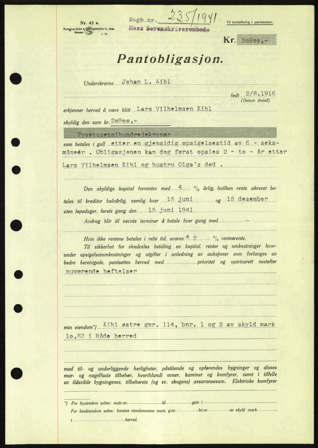 Moss sorenskriveri, SAO/A-10168: Mortgage book no. B10, 1940-1941, Diary no: : 235/1941