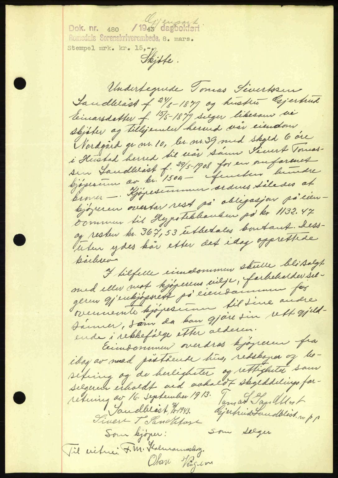 Romsdal sorenskriveri, AV/SAT-A-4149/1/2/2C: Mortgage book no. A14, 1943-1943, Diary no: : 480/1943