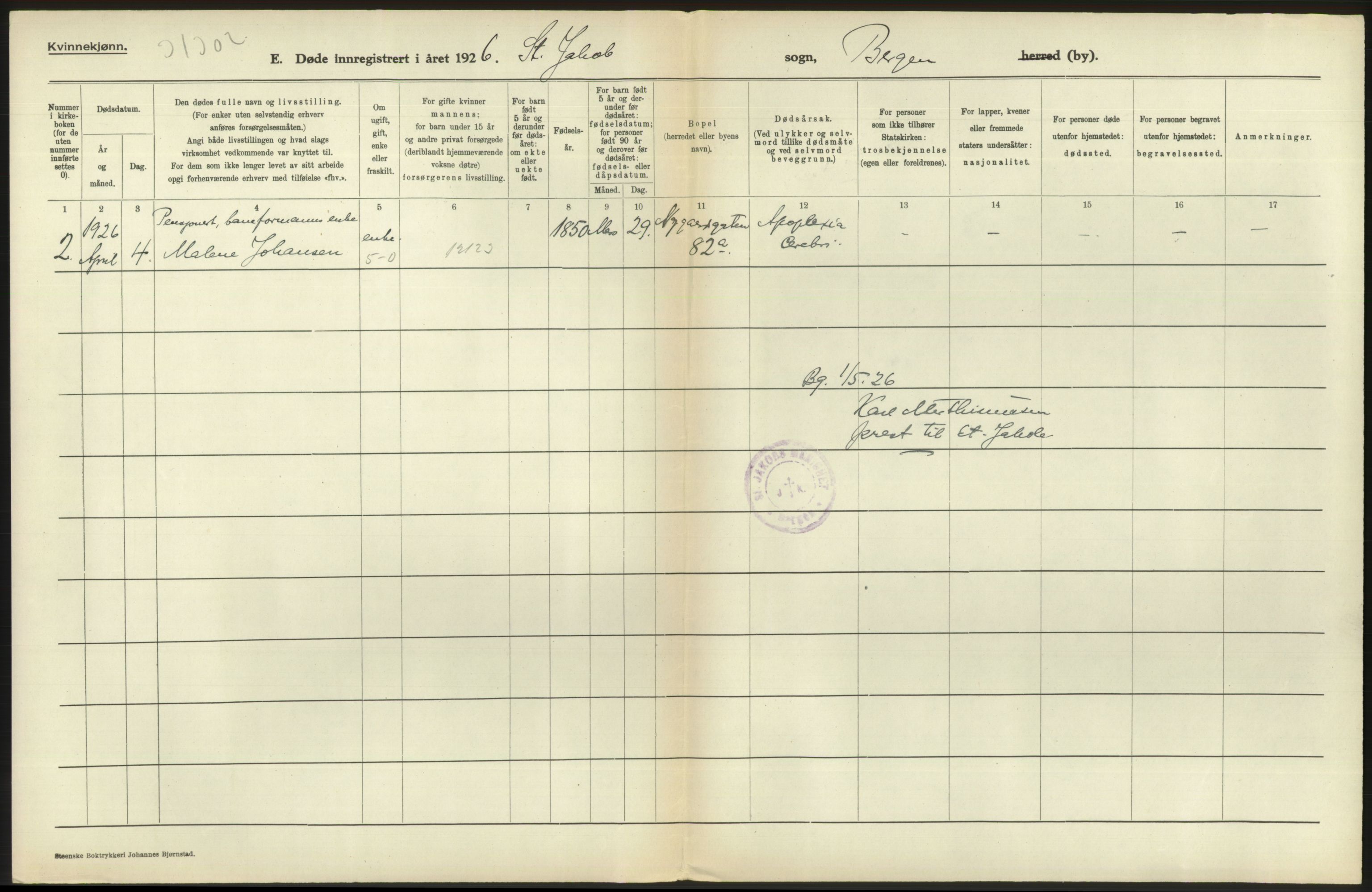 Statistisk sentralbyrå, Sosiodemografiske emner, Befolkning, RA/S-2228/D/Df/Dfc/Dfcf/L0028: Bergen: Gifte, døde, dødfødte., 1926, p. 520