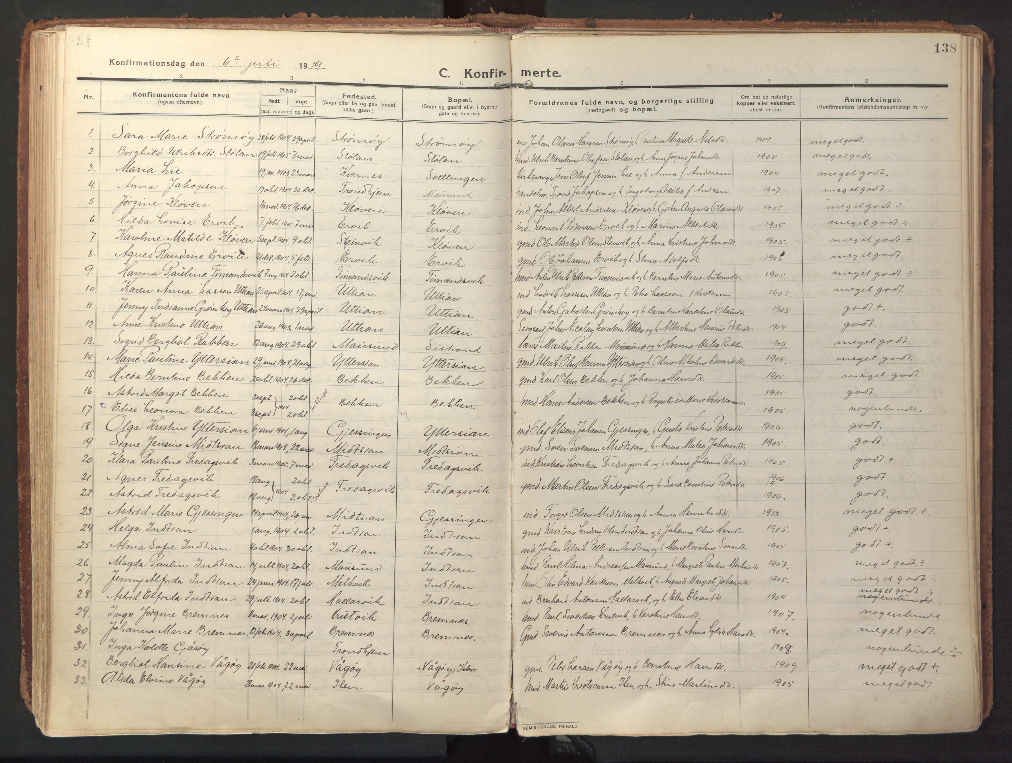 Ministerialprotokoller, klokkerbøker og fødselsregistre - Sør-Trøndelag, SAT/A-1456/640/L0581: Parish register (official) no. 640A06, 1910-1924, p. 138