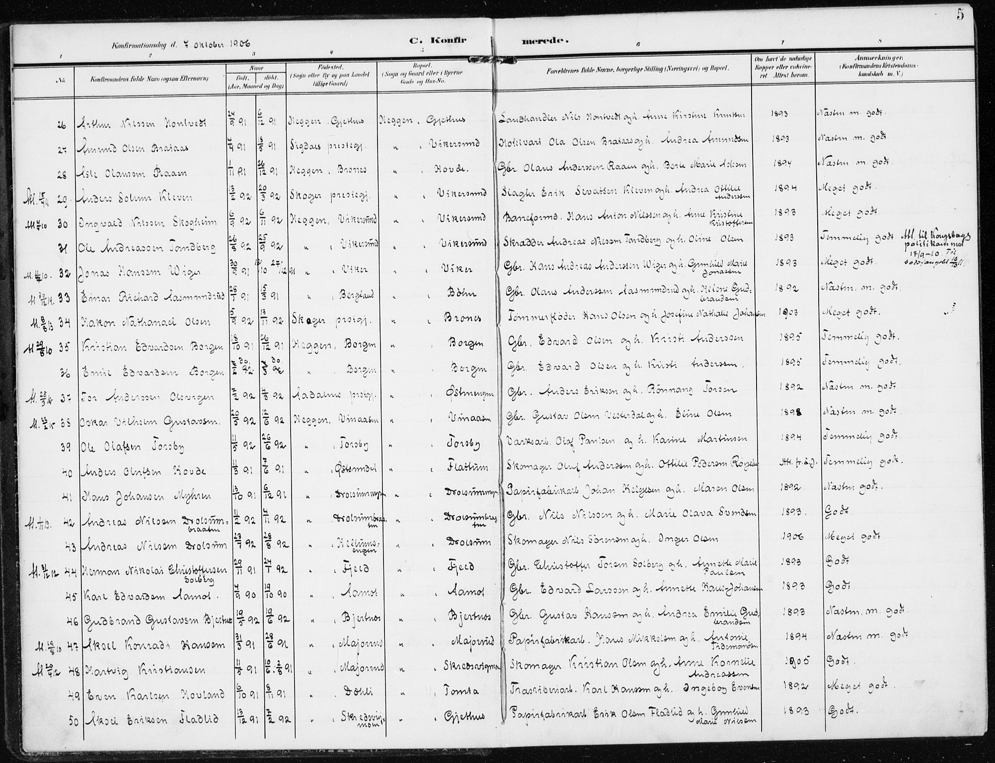 Modum kirkebøker, SAKO/A-234/F/Fa/L0014b: Parish register (official) no. 14B, 1906-1917, p. 5