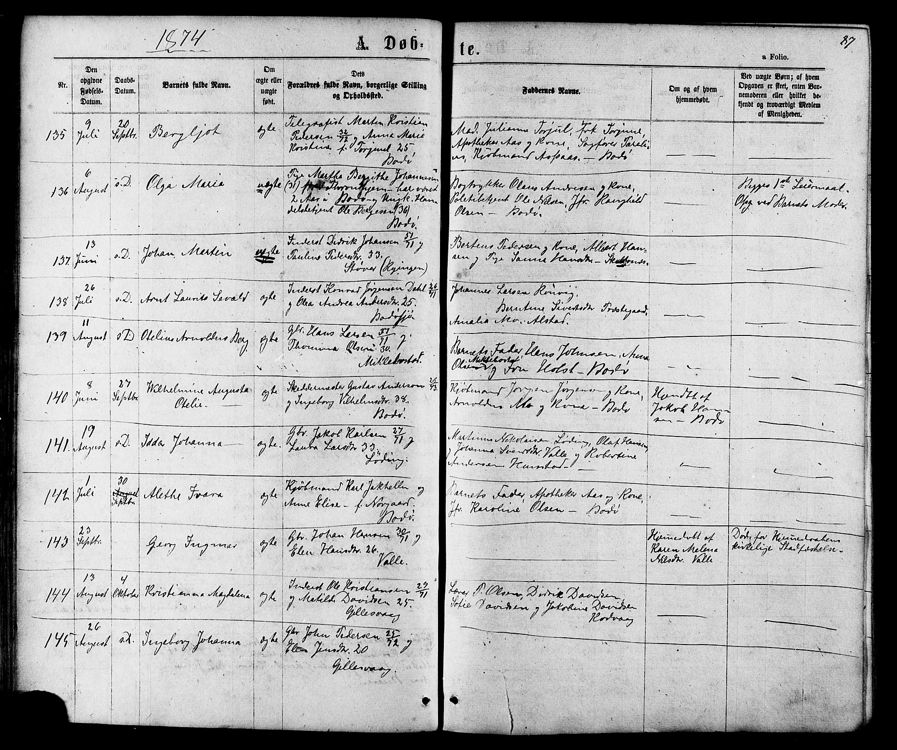 Ministerialprotokoller, klokkerbøker og fødselsregistre - Nordland, AV/SAT-A-1459/801/L0029: Parish register (copy) no. 801C04, 1868-1878, p. 87