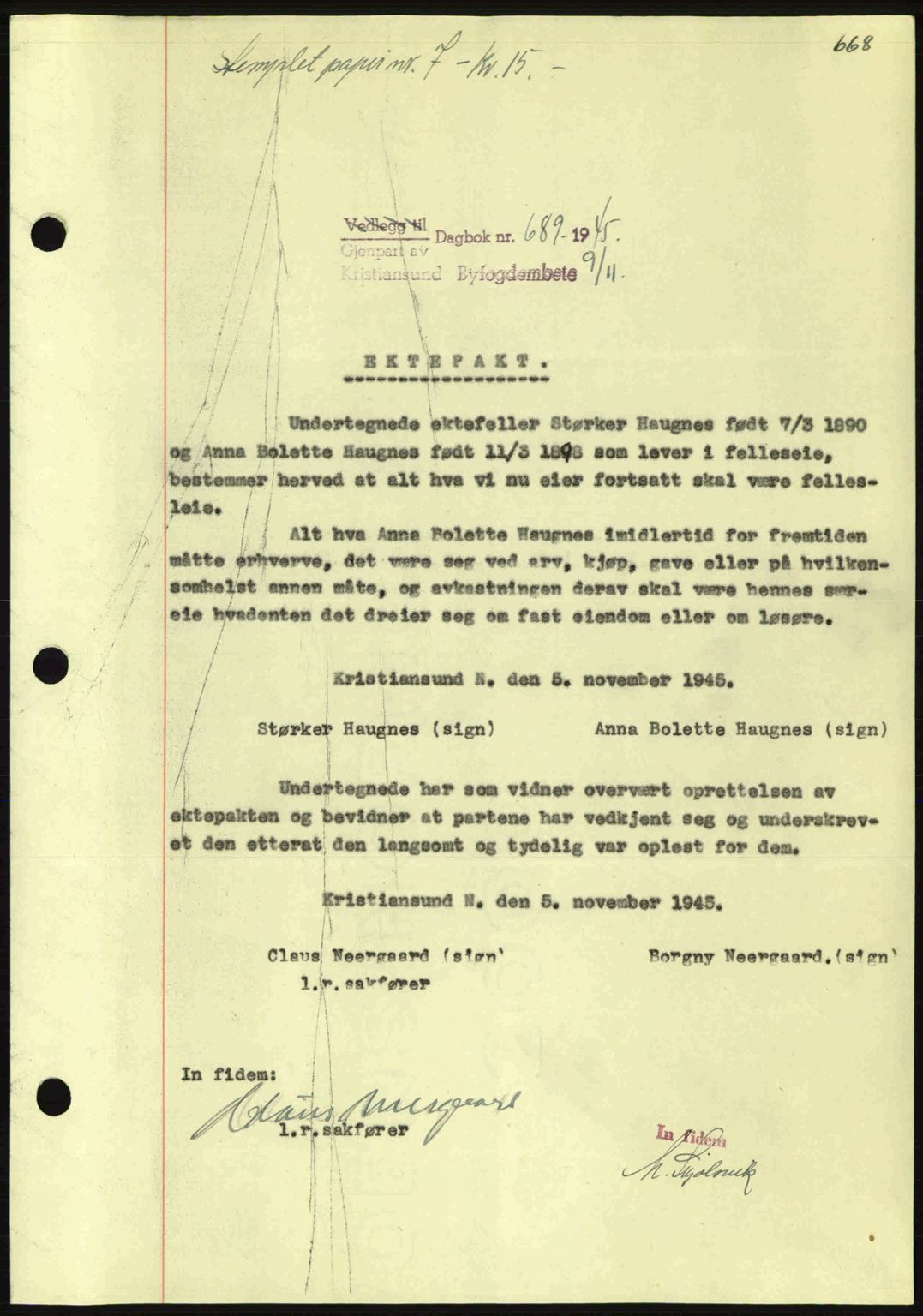 Kristiansund byfogd, SAT/A-4587/A/27: Mortgage book no. 37-38, 1943-1945, Diary no: : 689/1945