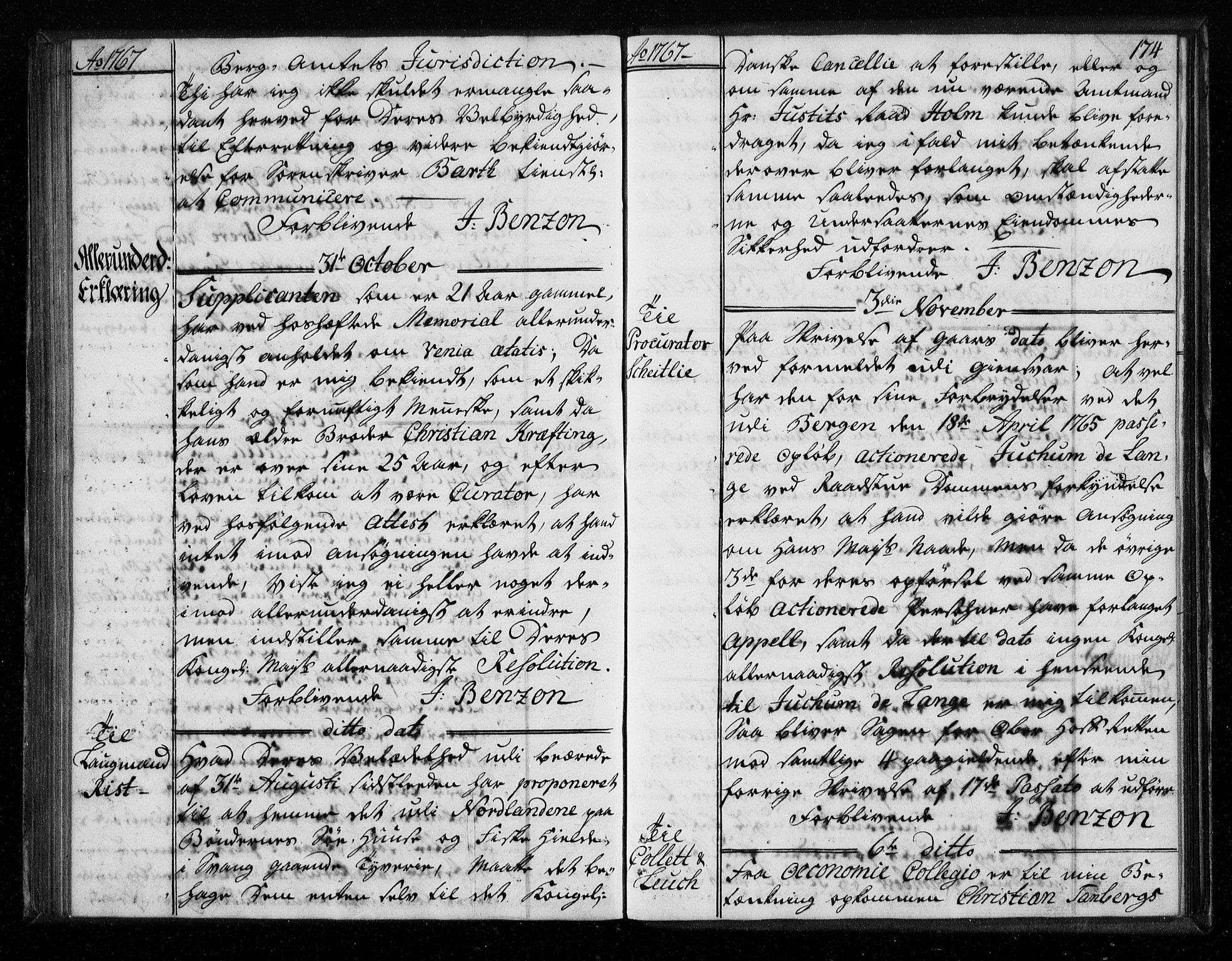 Stattholderembetet 1572-1771, AV/RA-EA-2870/Bf/L0006: Stattholderprotokoll (allmenn kopibok), 1767-1768, p. 173b-174a