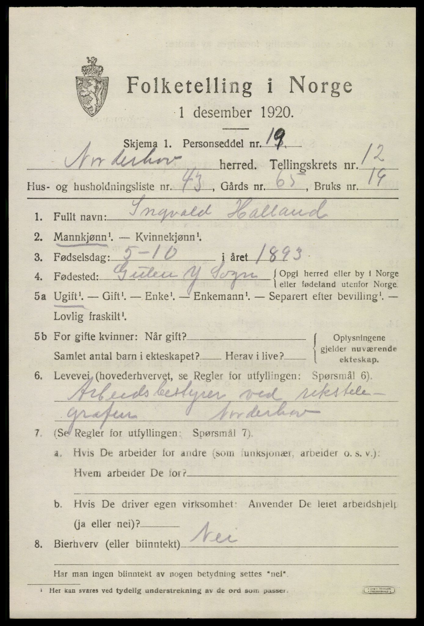 SAKO, 1920 census for Norderhov, 1920, p. 14230