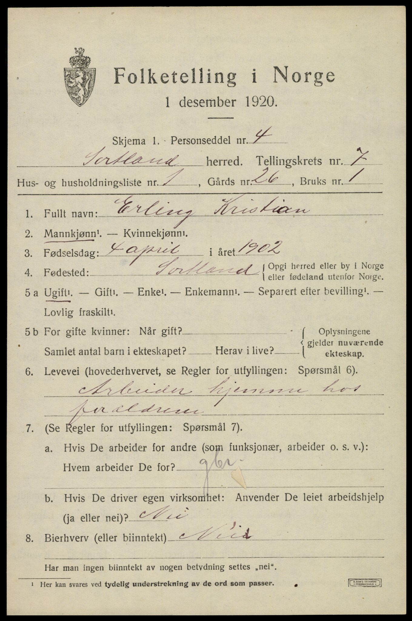 SAT, 1920 census for Sortland, 1920, p. 6540