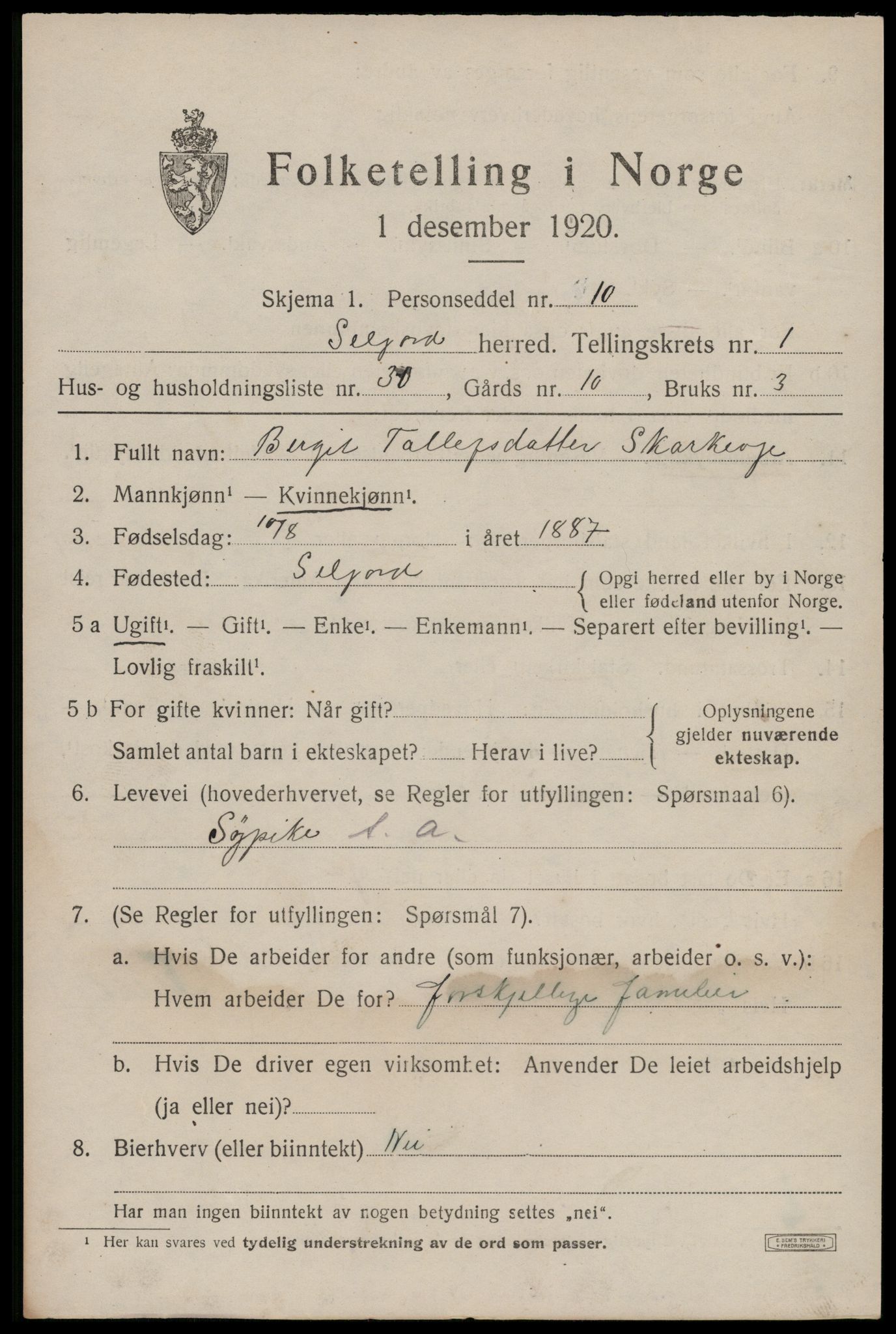 SAKO, 1920 census for Seljord, 1920, p. 1510