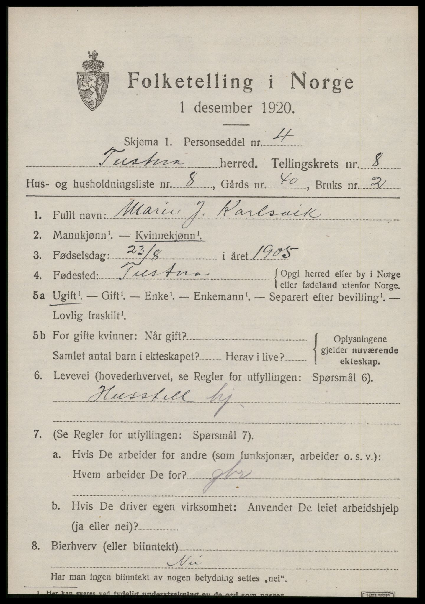 SAT, 1920 census for Tustna, 1920, p. 3695