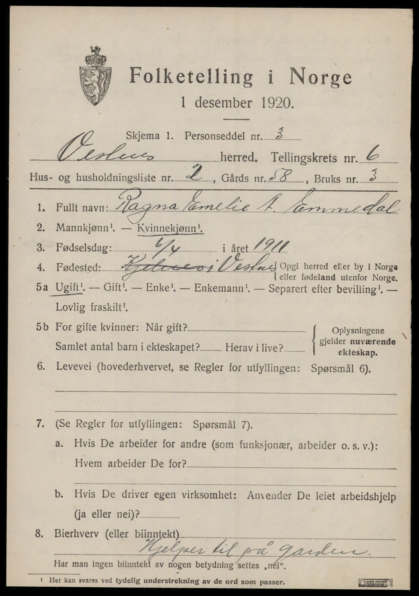 SAT, 1920 census for Vestnes, 1920, p. 4331
