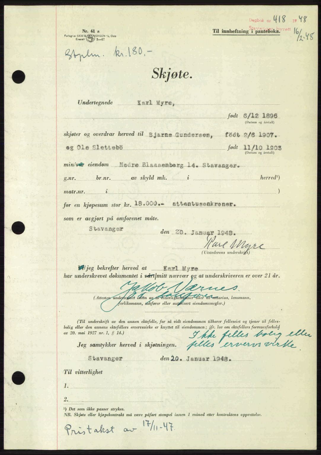 Stavanger byrett, SAST/A-100455/002/G/Gb/L0022: Mortgage book no. A11, 1947-1948, Diary no: : 418/1948