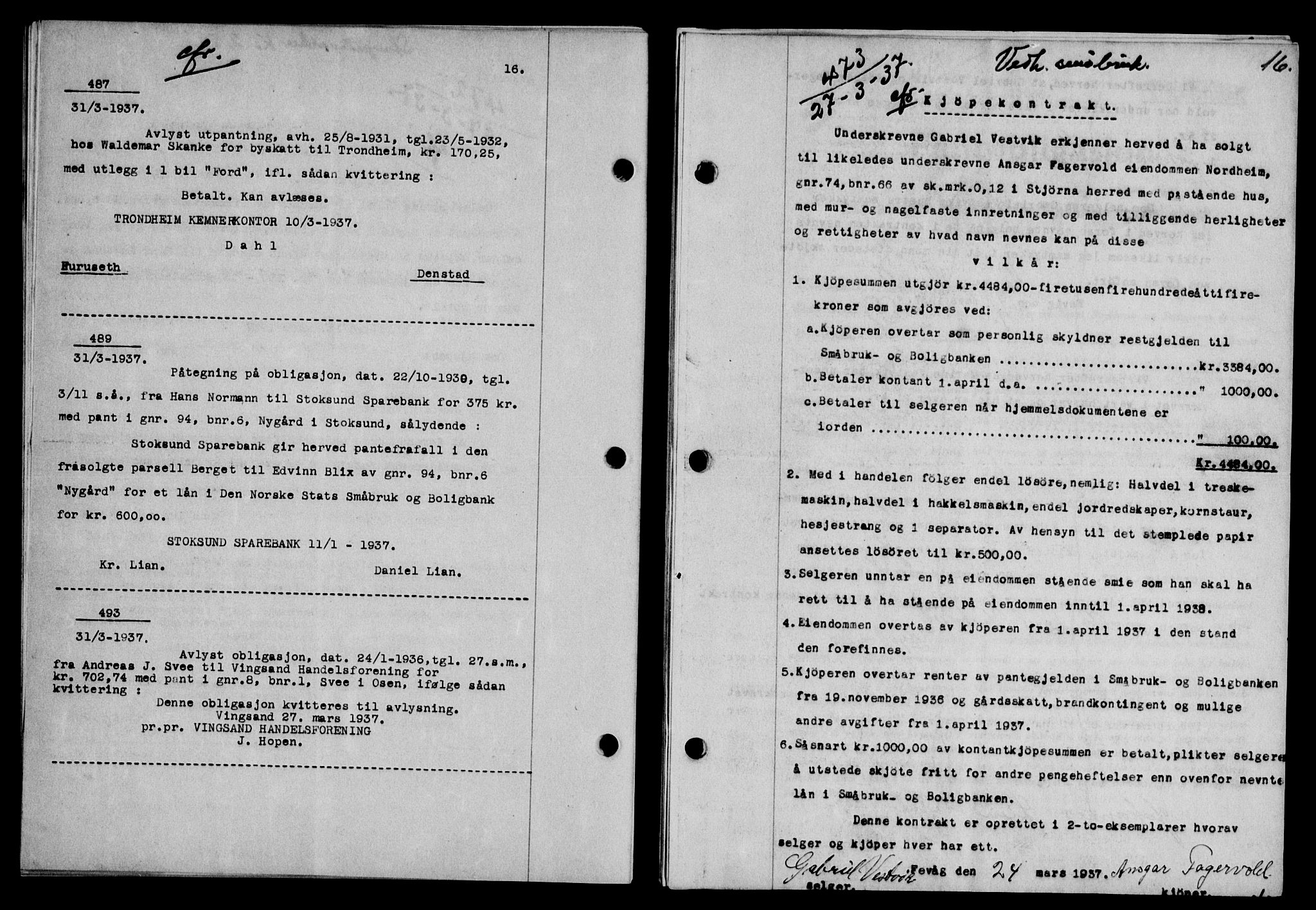 Fosen sorenskriveri, AV/SAT-A-1107/1/2/2C/L0085: Mortgage book no. 76, 1937-1937, p. 16