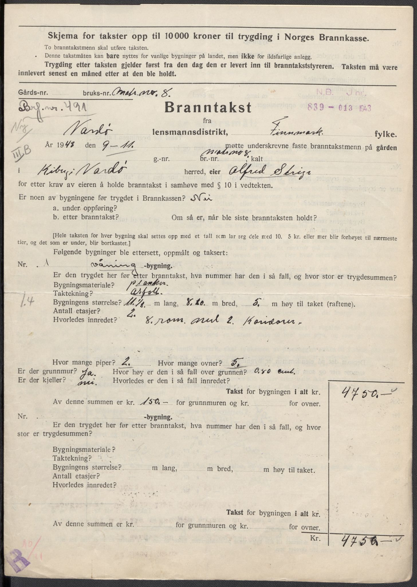Norges Brannkasse, RA/S-1549/E/Eu/L0019: Branntakster for Vardø by, 1889-1955, p. 439