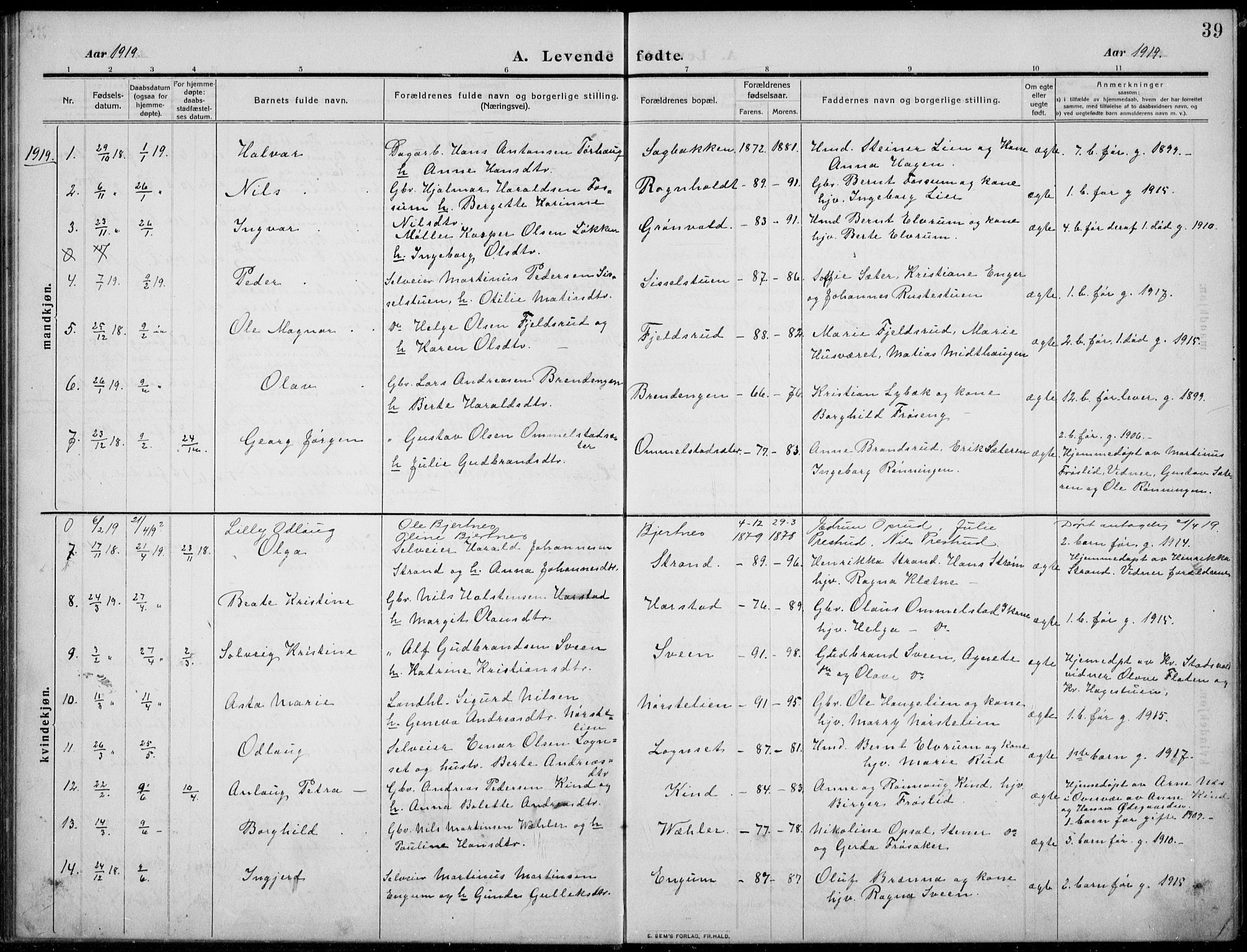 Nordre Land prestekontor, AV/SAH-PREST-124/H/Ha/Hab/L0002: Parish register (copy) no. 2, 1909-1934, p. 39