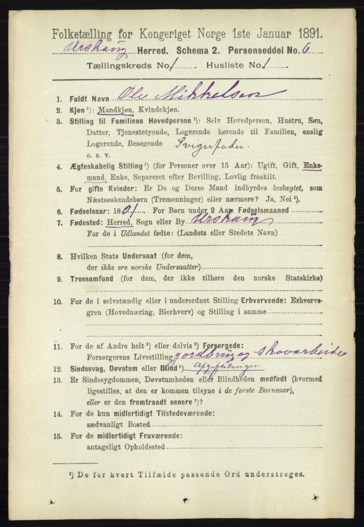 RA, 1891 census for 0224 Aurskog, 1891, p. 58