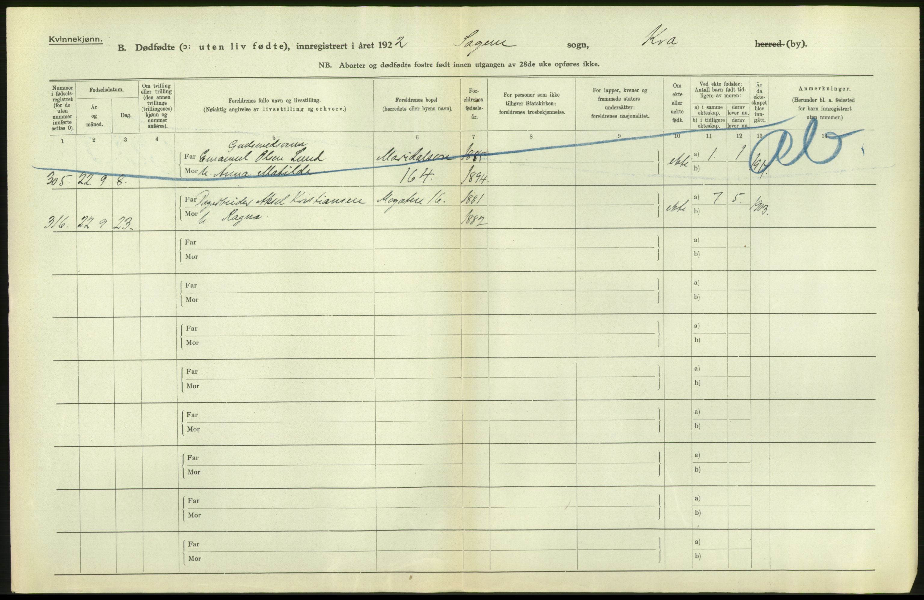 Statistisk sentralbyrå, Sosiodemografiske emner, Befolkning, AV/RA-S-2228/D/Df/Dfc/Dfcb/L0010: Kristiania: Døde, dødfødte, 1922, p. 66