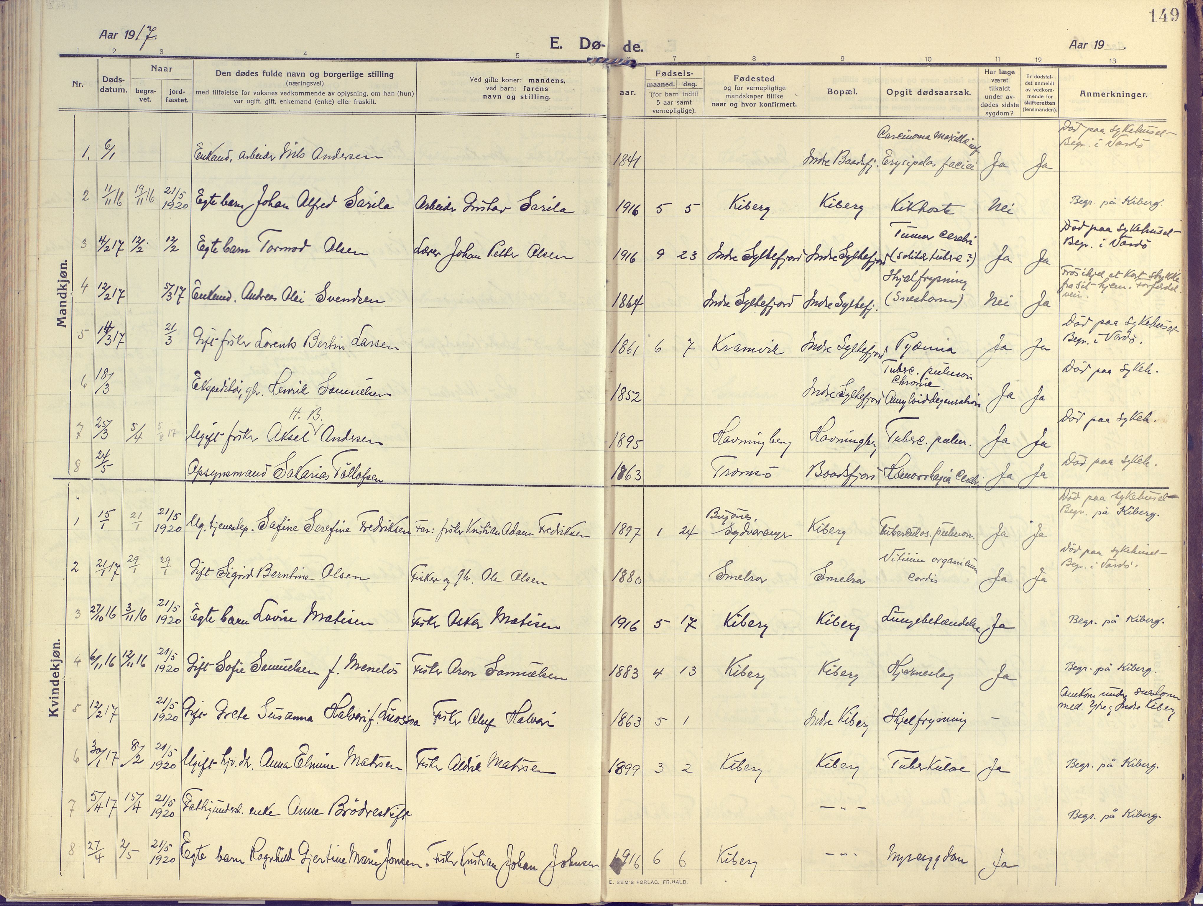 Vardø sokneprestkontor, SATØ/S-1332/H/Ha/L0013kirke: Parish register (official) no. 13, 1912-1928, p. 149