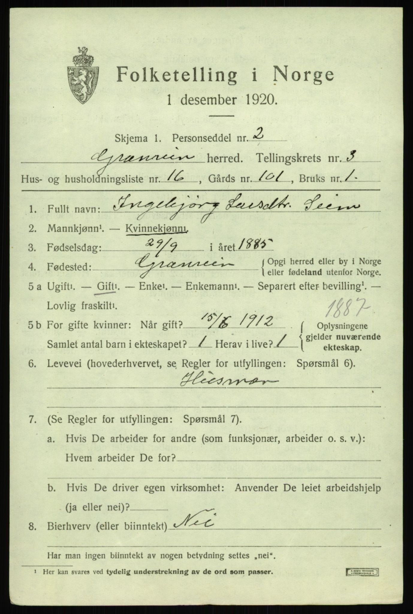 SAB, 1920 census for Granvin, 1920, p. 1310