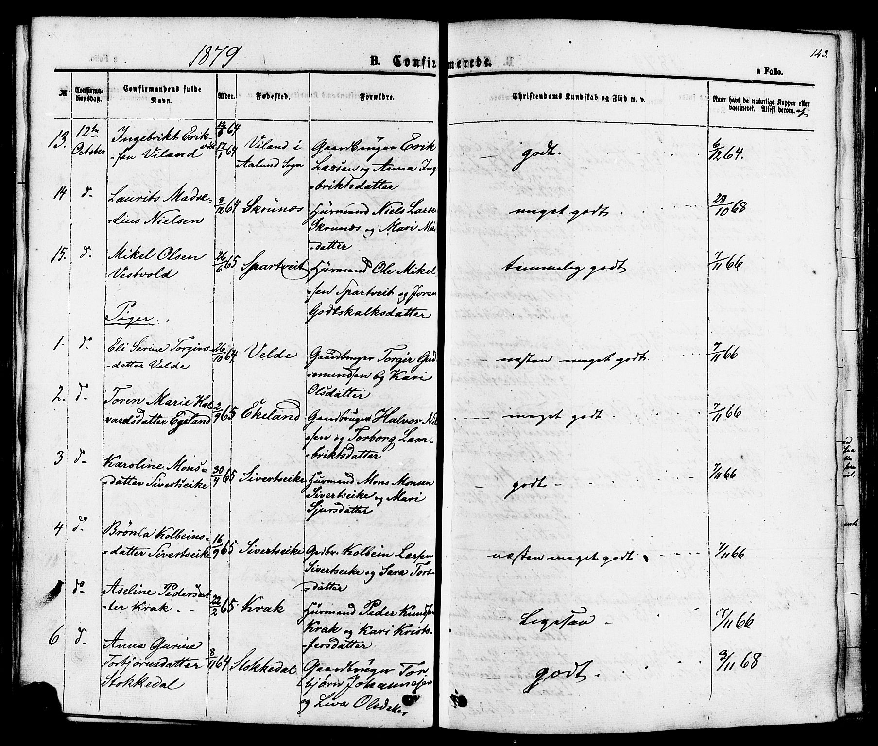 Skjold sokneprestkontor, AV/SAST-A-101847/H/Ha/Haa/L0007: Parish register (official) no. A 7, 1857-1882, p. 143