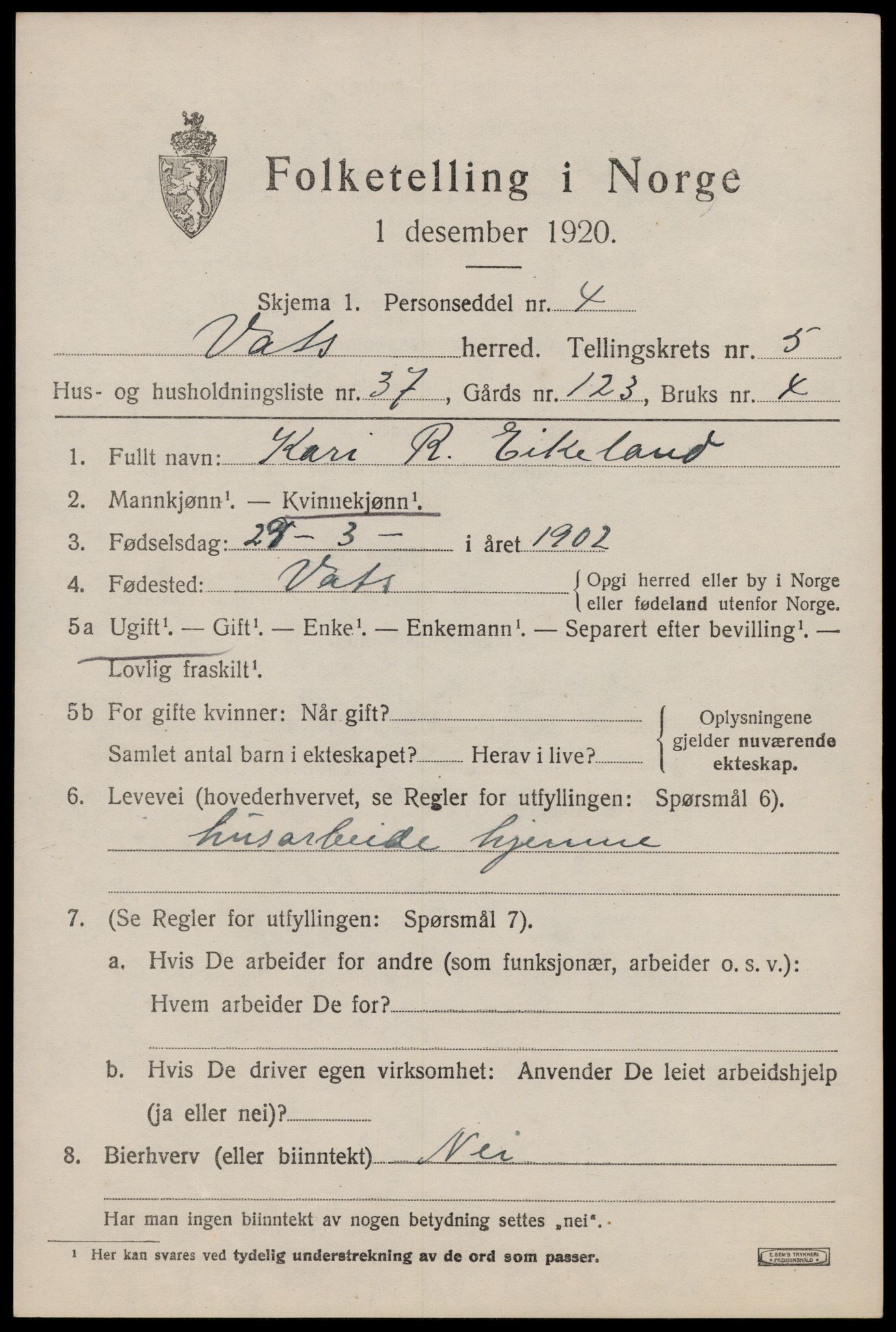 SAST, 1920 census for Vats, 1920, p. 2325