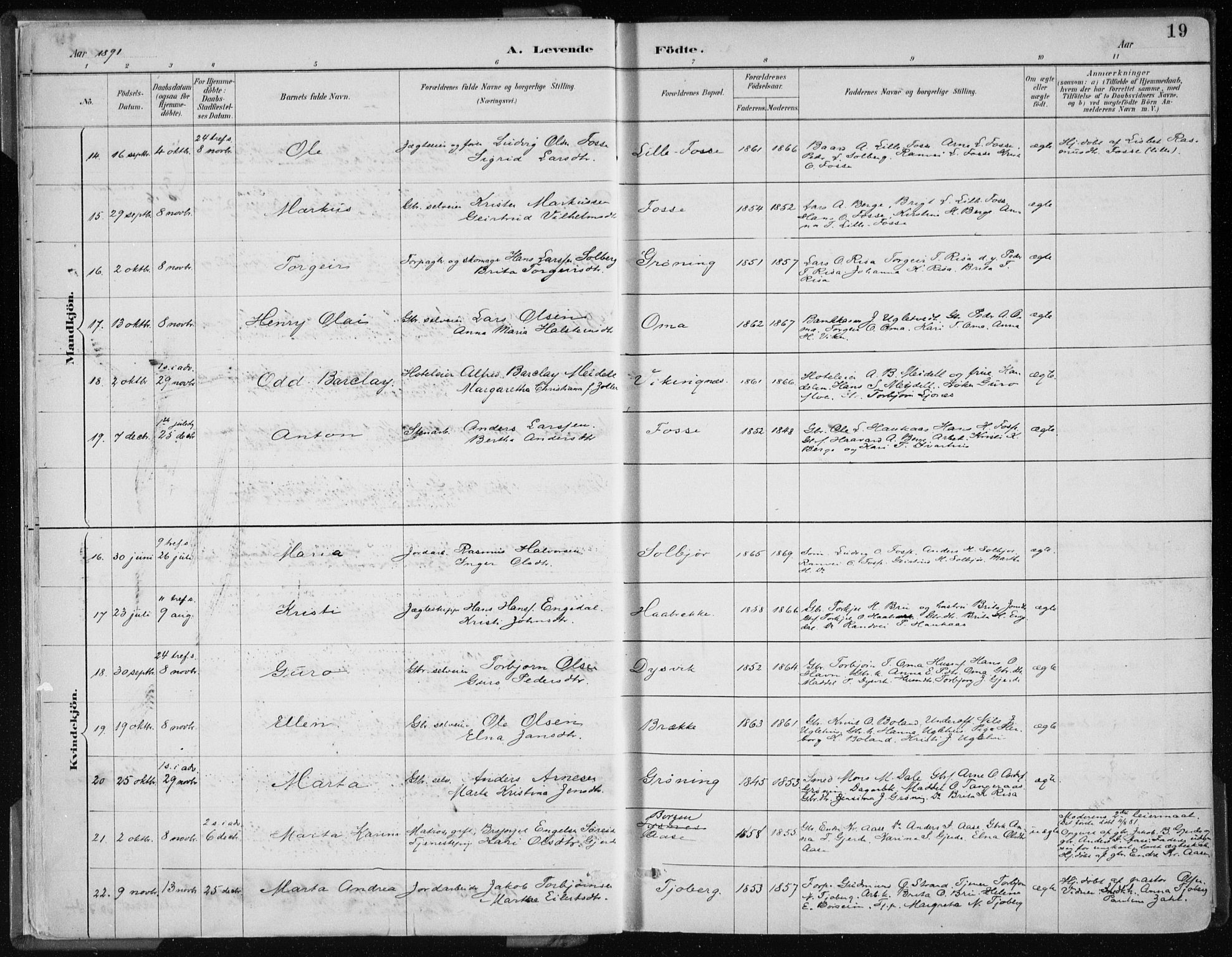 Strandebarm sokneprestembete, AV/SAB-A-78401/H/Haa: Parish register (official) no. B  1, 1886-1908, p. 19