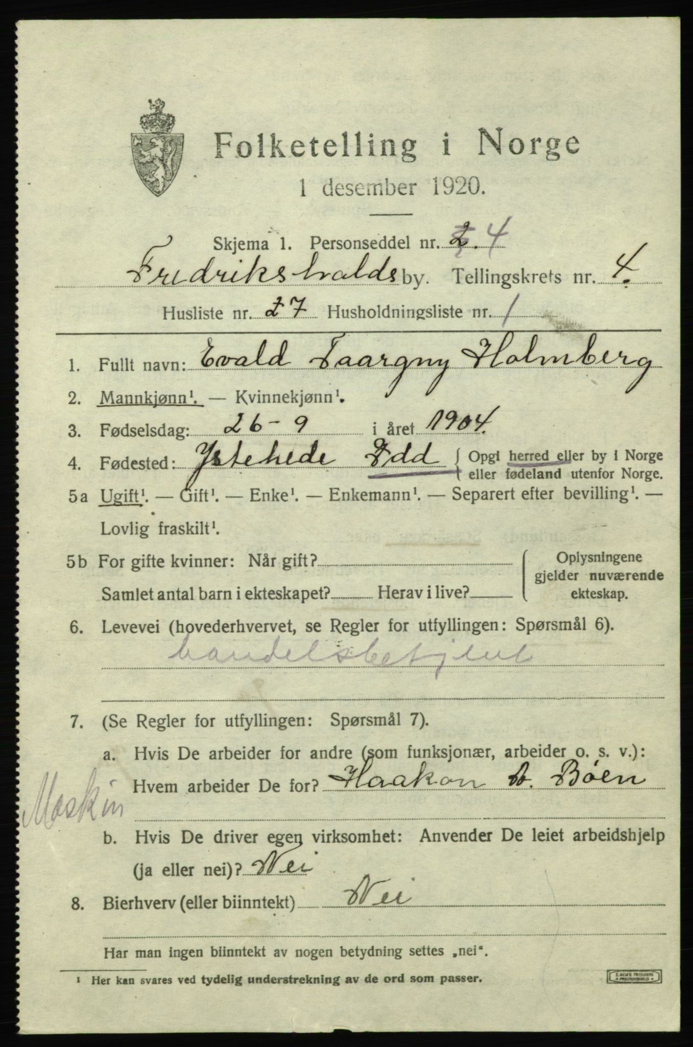 SAO, 1920 census for Fredrikshald, 1920, p. 11781