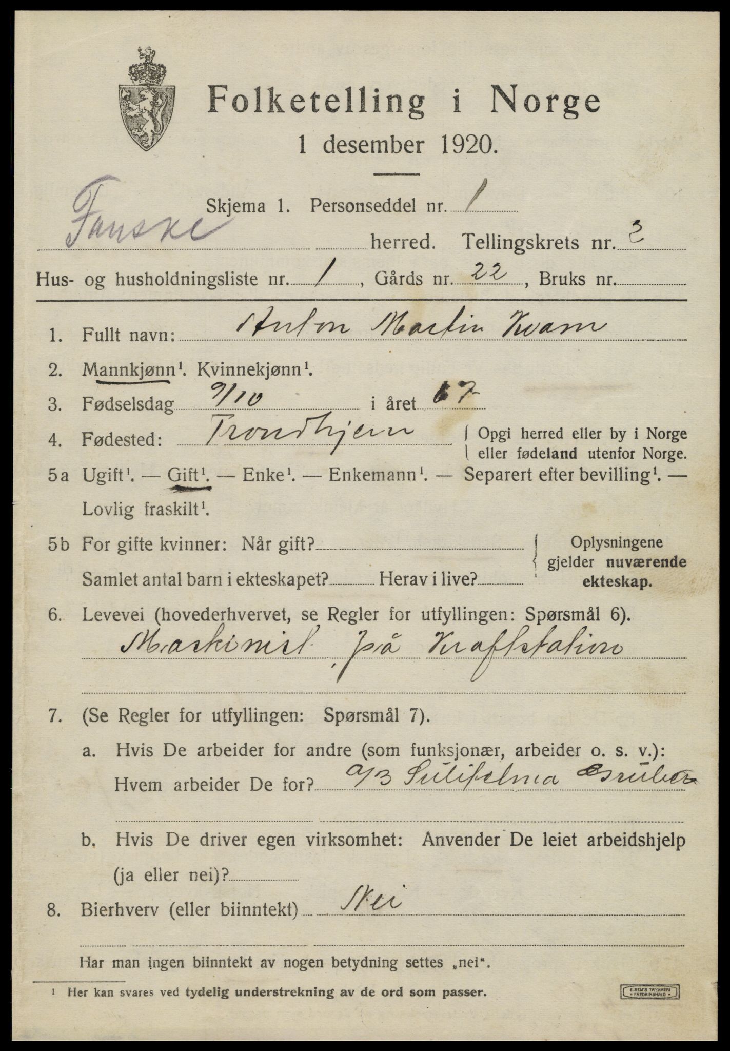 SAT, 1920 census for Fauske, 1920, p. 2900