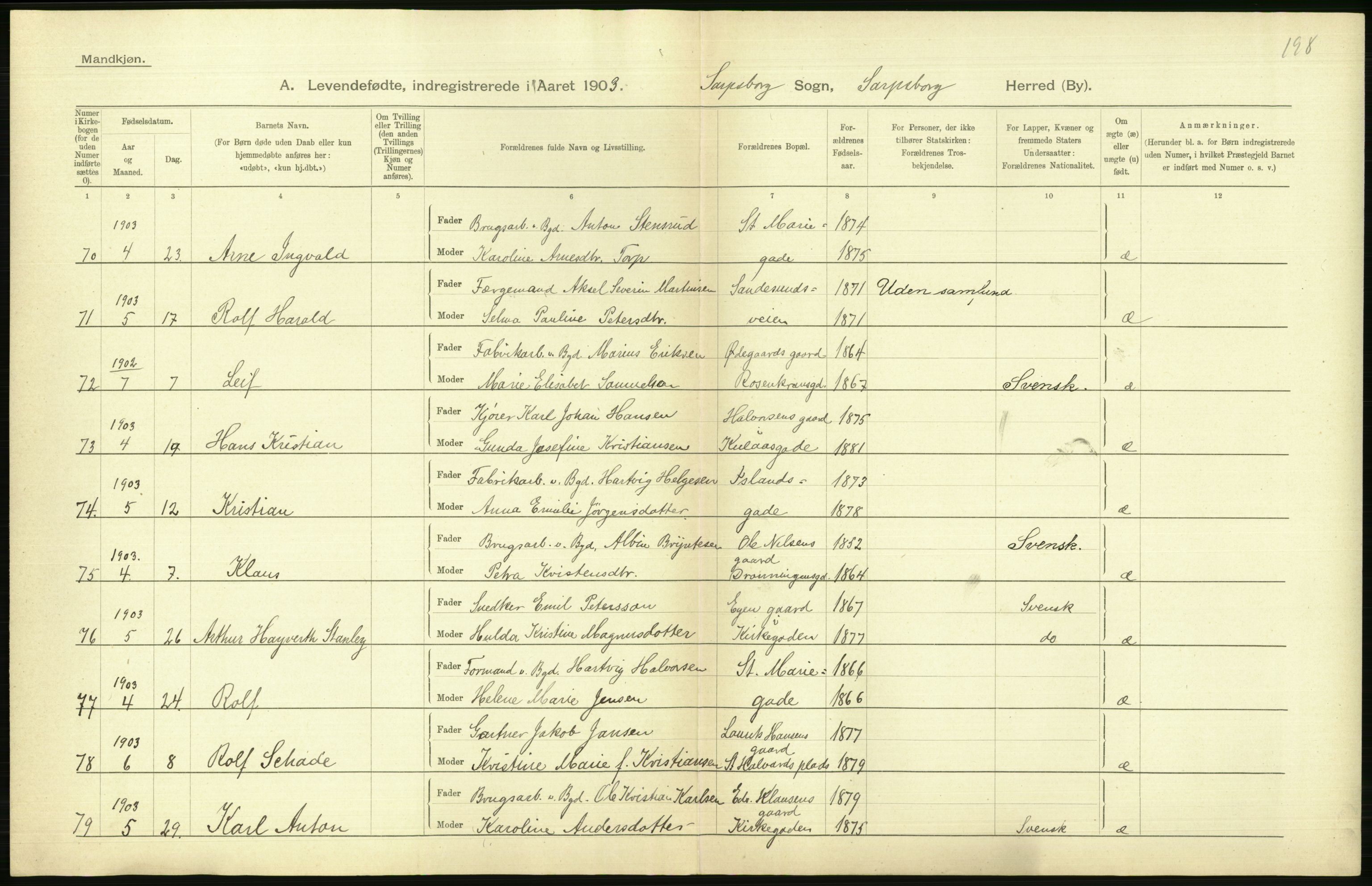 Statistisk sentralbyrå, Sosiodemografiske emner, Befolkning, AV/RA-S-2228/D/Df/Dfa/Dfaa/L0001: Smålenenes amt: Fødte, gifte, døde, 1903, p. 372