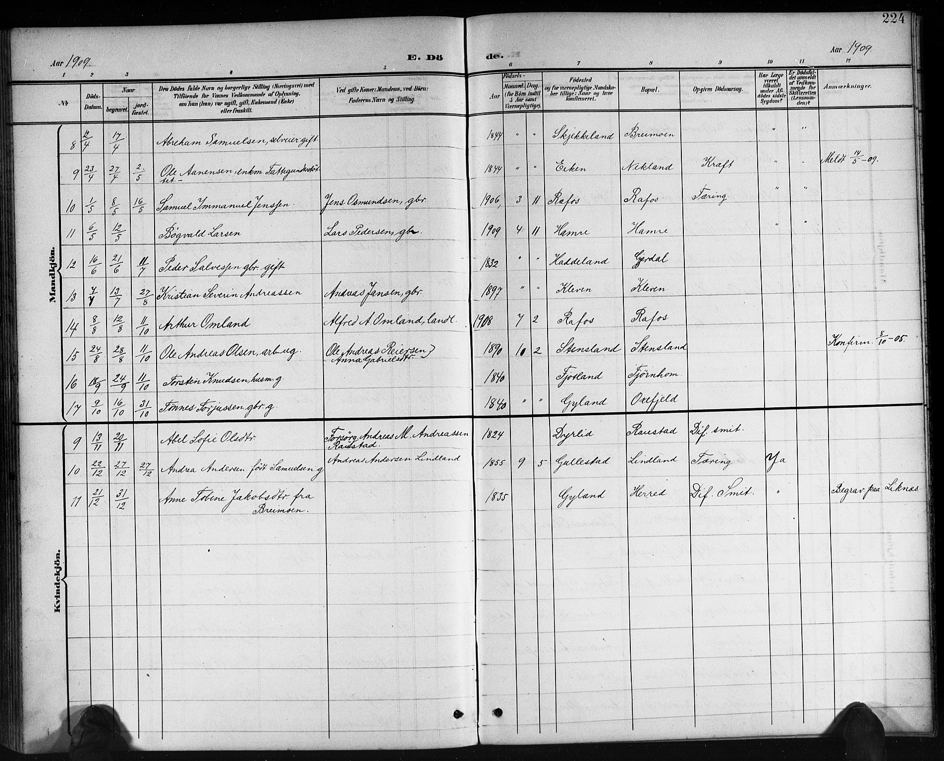 Kvinesdal sokneprestkontor, AV/SAK-1111-0026/F/Fb/Fbb/L0003: Parish register (copy) no. B 3, 1898-1916, p. 224