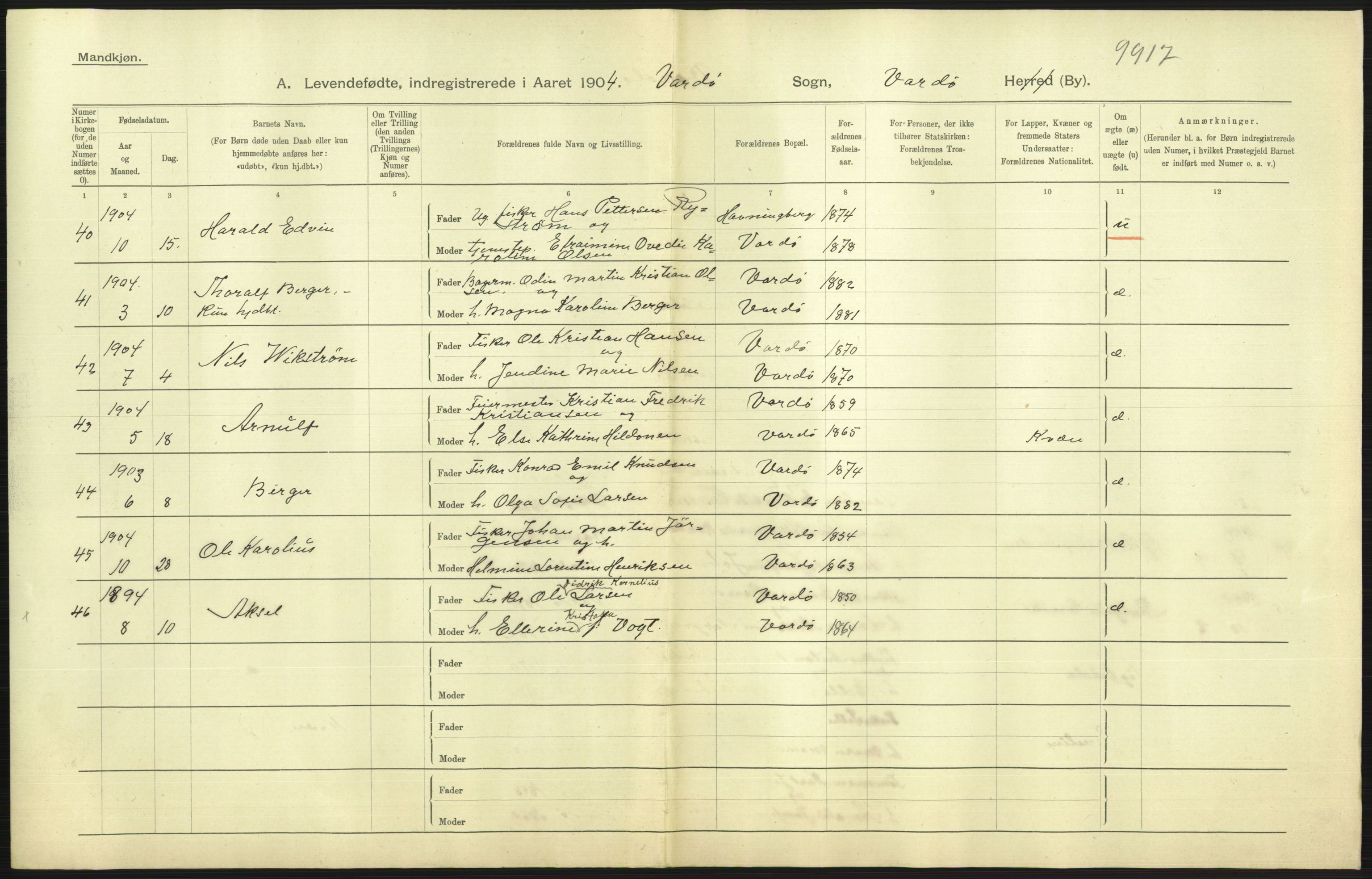 Statistisk sentralbyrå, Sosiodemografiske emner, Befolkning, AV/RA-S-2228/D/Df/Dfa/Dfab/L0023: Finnmarkens amt: Fødte, gifte, døde, 1904, p. 153