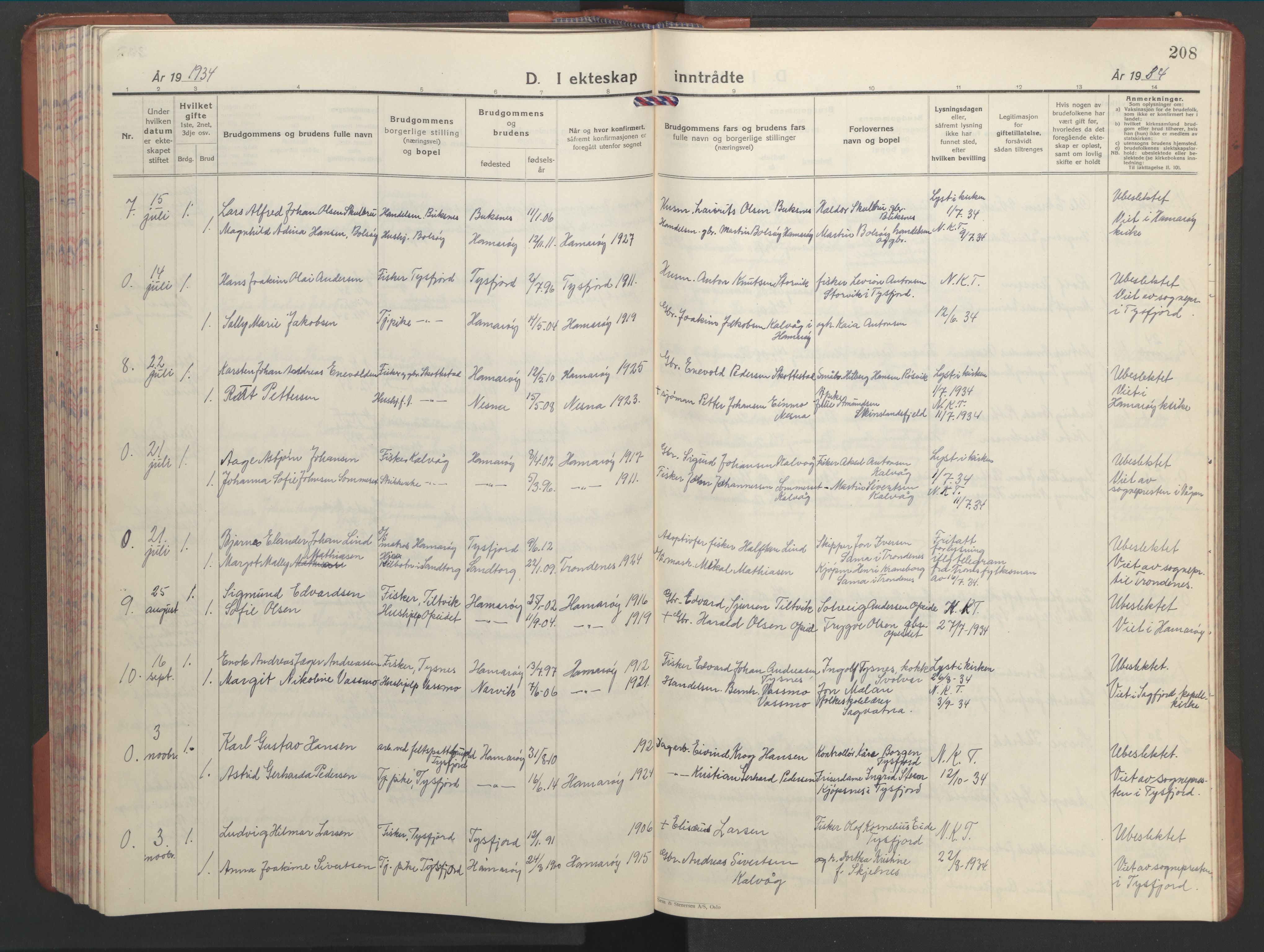 Ministerialprotokoller, klokkerbøker og fødselsregistre - Nordland, AV/SAT-A-1459/859/L0862: Parish register (copy) no. 859C08, 1925-1936, p. 208