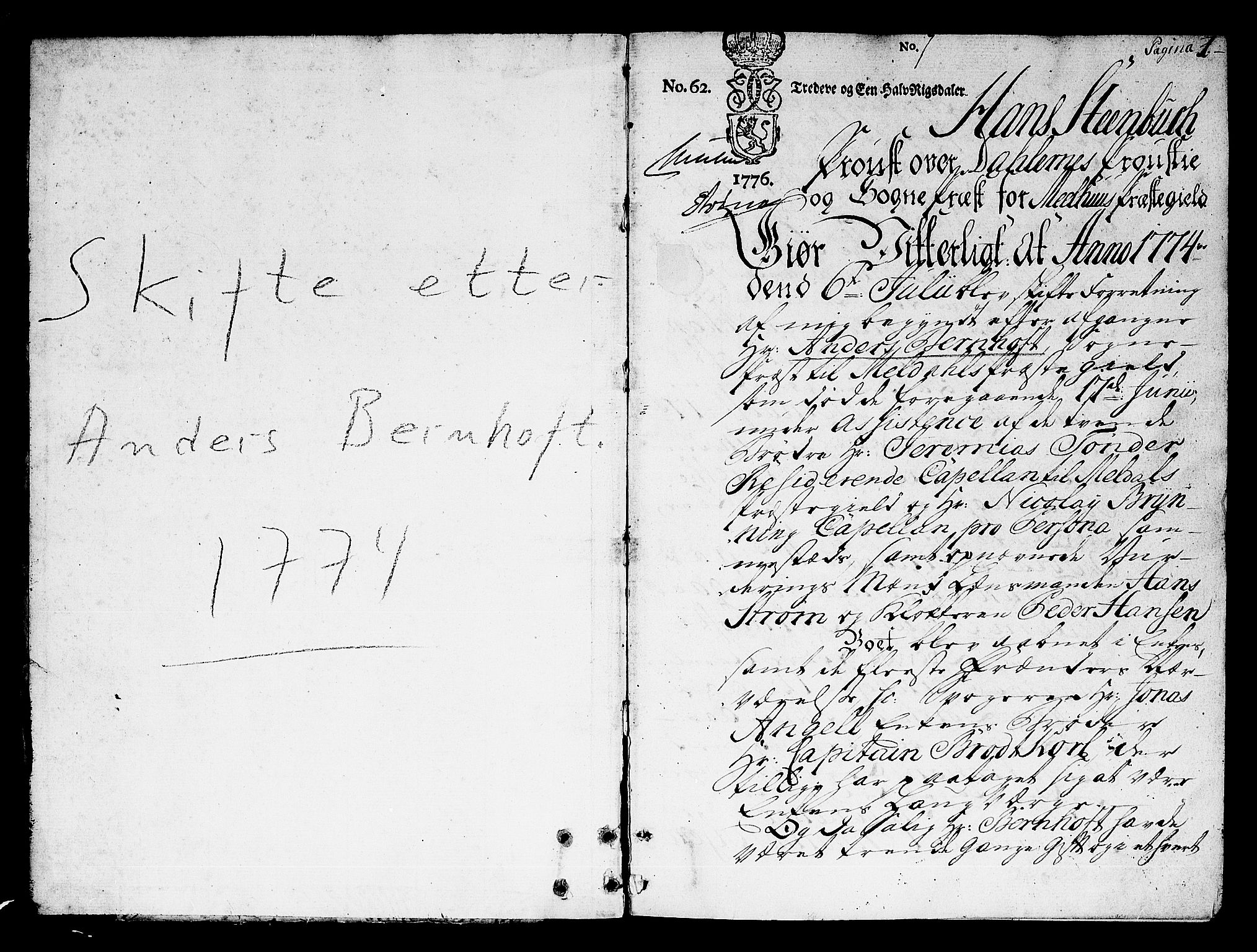 Dalene prosti, SAT/A-6518/1/D/Db/L0001: Skifte etter Anders Bernhoff, sokneprest til Meldal, 1774-1776, p. 0-1