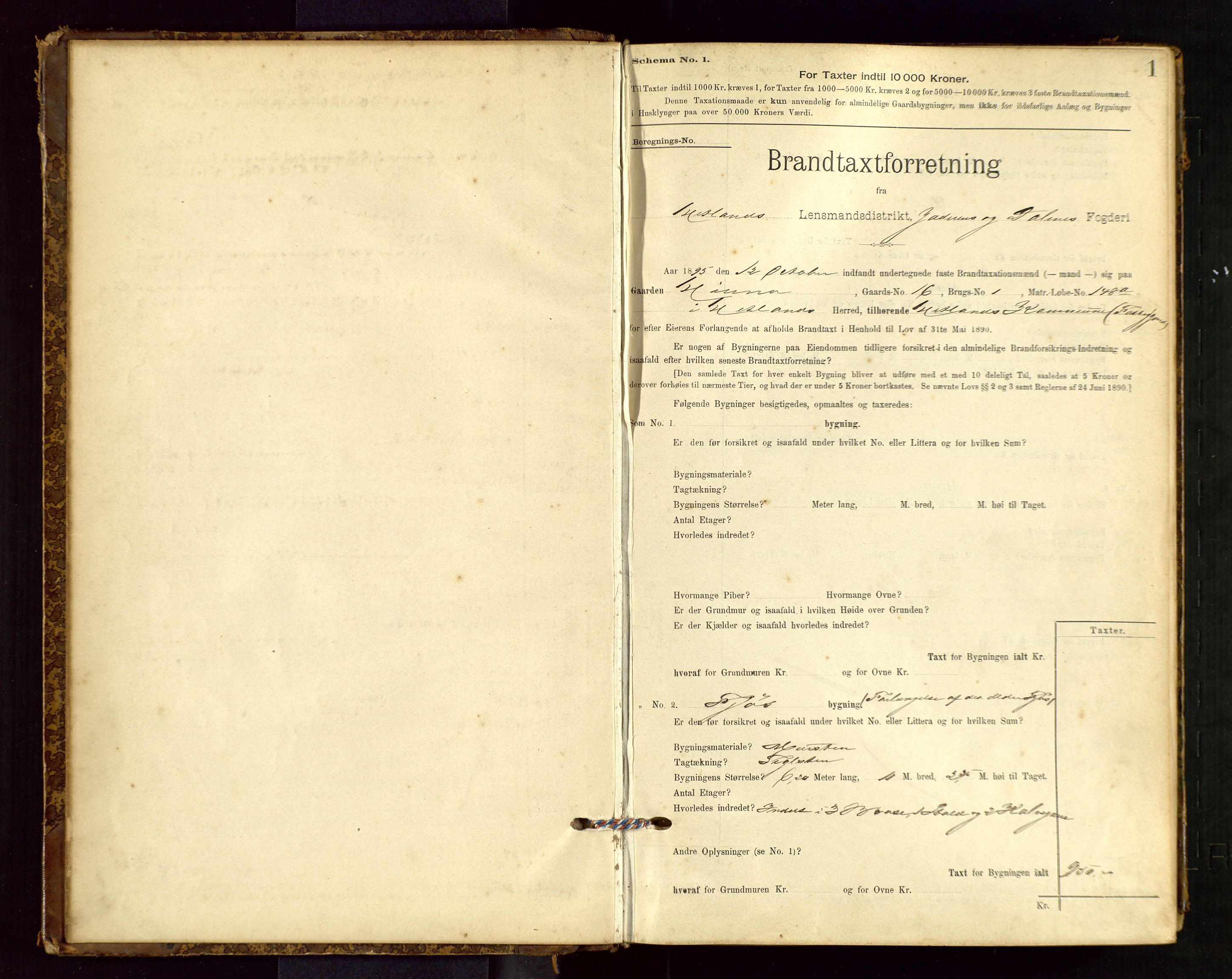 Hetland lensmannskontor, SAST/A-100101/Gob/L0001: "Brandtaxationsprotokol", 1895-1918, p. 1
